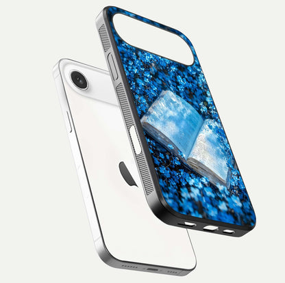 Blue Bloom Tales Glass Case for iPhone Air  floating mockup showing detailed bloom and reflective surface