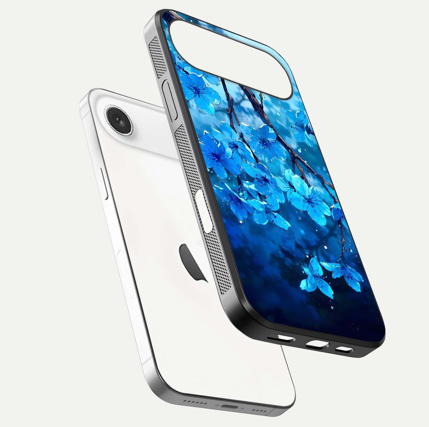 Blue Blossoms Branch Glass Case for iPhone Air  floating mockup showing shine, curved edges, and branch detailing