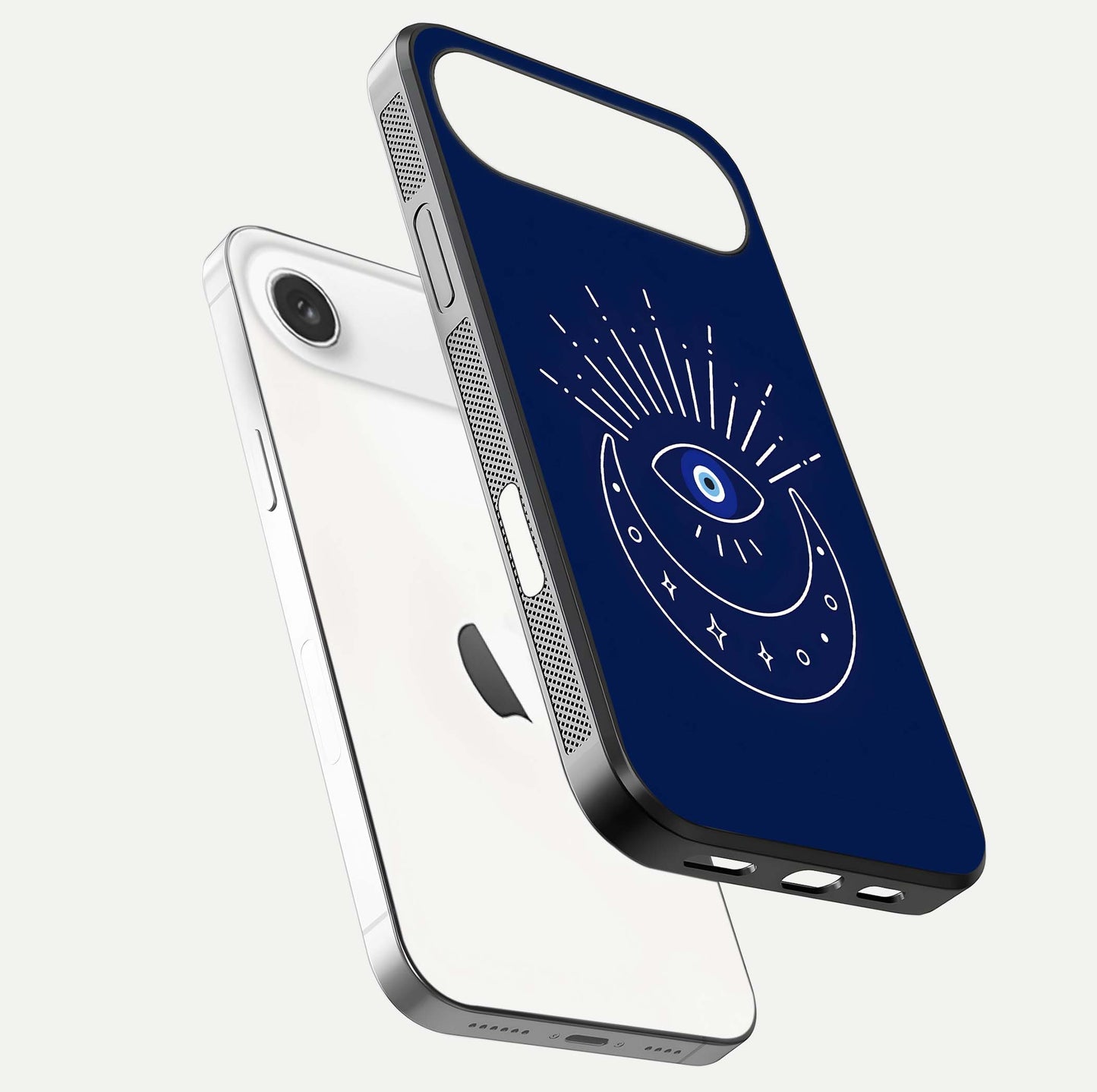 Blue Evil Eye Glass Case for iPhone Air  floating mockup displaying glossy protection and spiritual artwork
