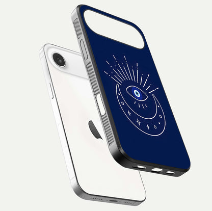 Blue Evil Eye Glass Case for iPhone Air  floating mockup displaying glossy protection and spiritual artwork