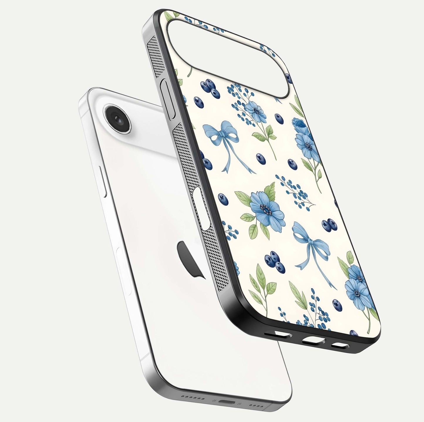 Blue Flower & Bow Glass Case for iPhone Air  floating mockup capturing gloss reflection and girly aesthetic