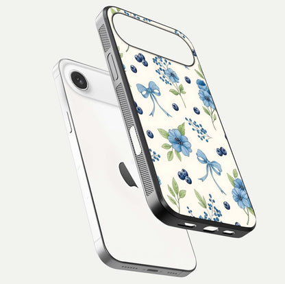 Blue Flower & Bow Glass Case for iPhone Air  floating mockup capturing gloss reflection and girly aesthetic