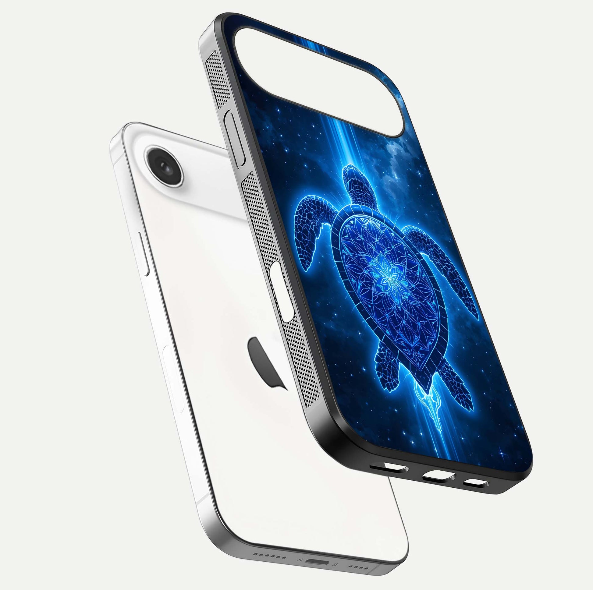 Blue Galaxy Turtle Glass Case for iPhone Air  floating dual-mockup showing gloss depth and color transitions