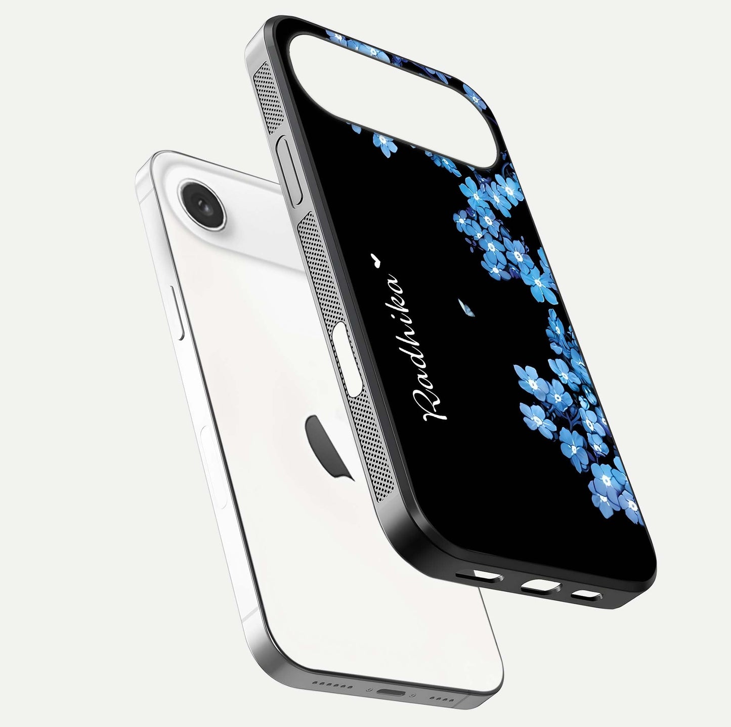 Blue Petal Dream Custom Name Glass Case for iPhone Air  floating mockup capturing floral tones and glass shine