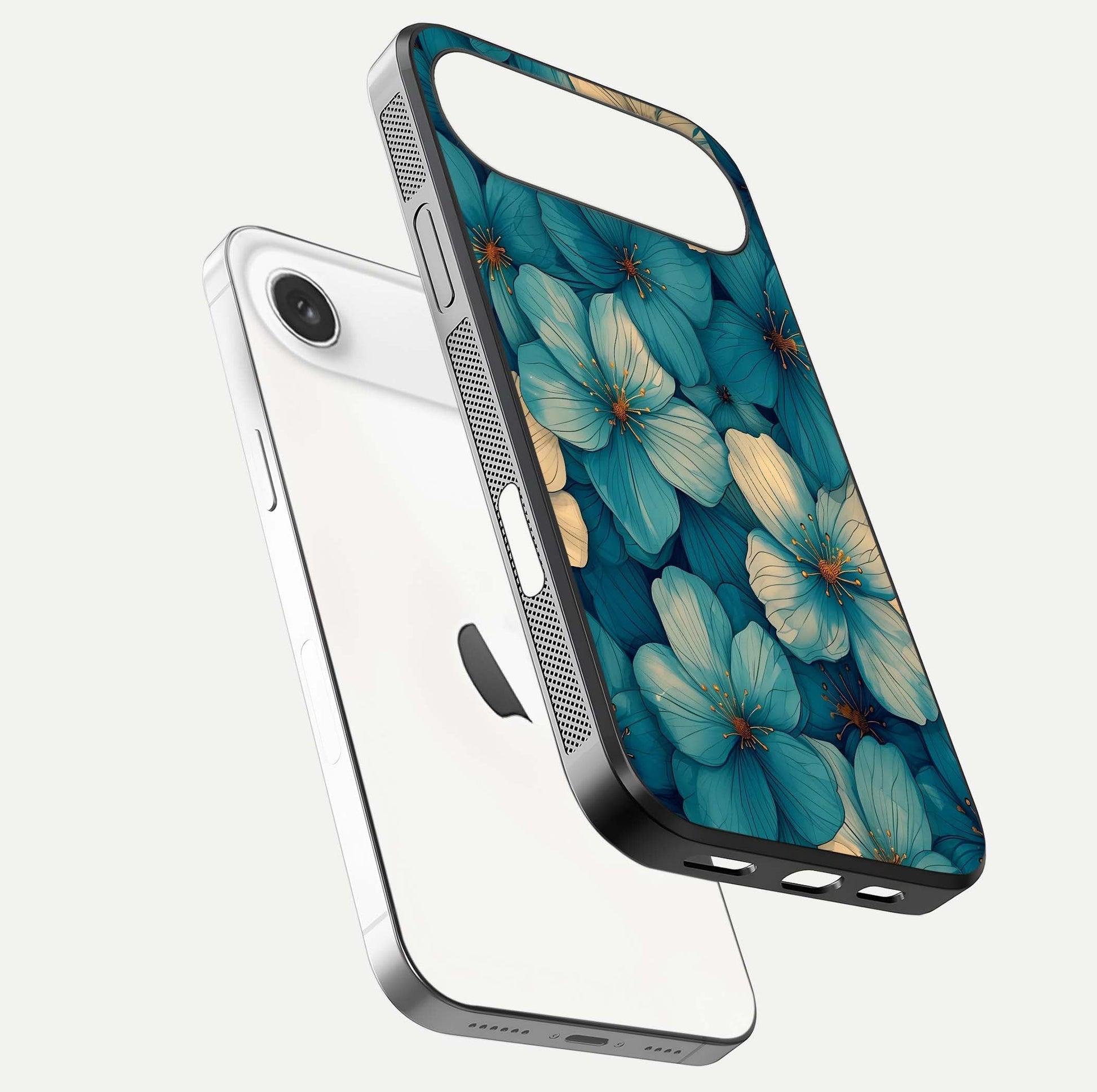 Blue Shade Floral Glass Case for iPhone Air  floating mockup revealing gloss highlight and floral depth