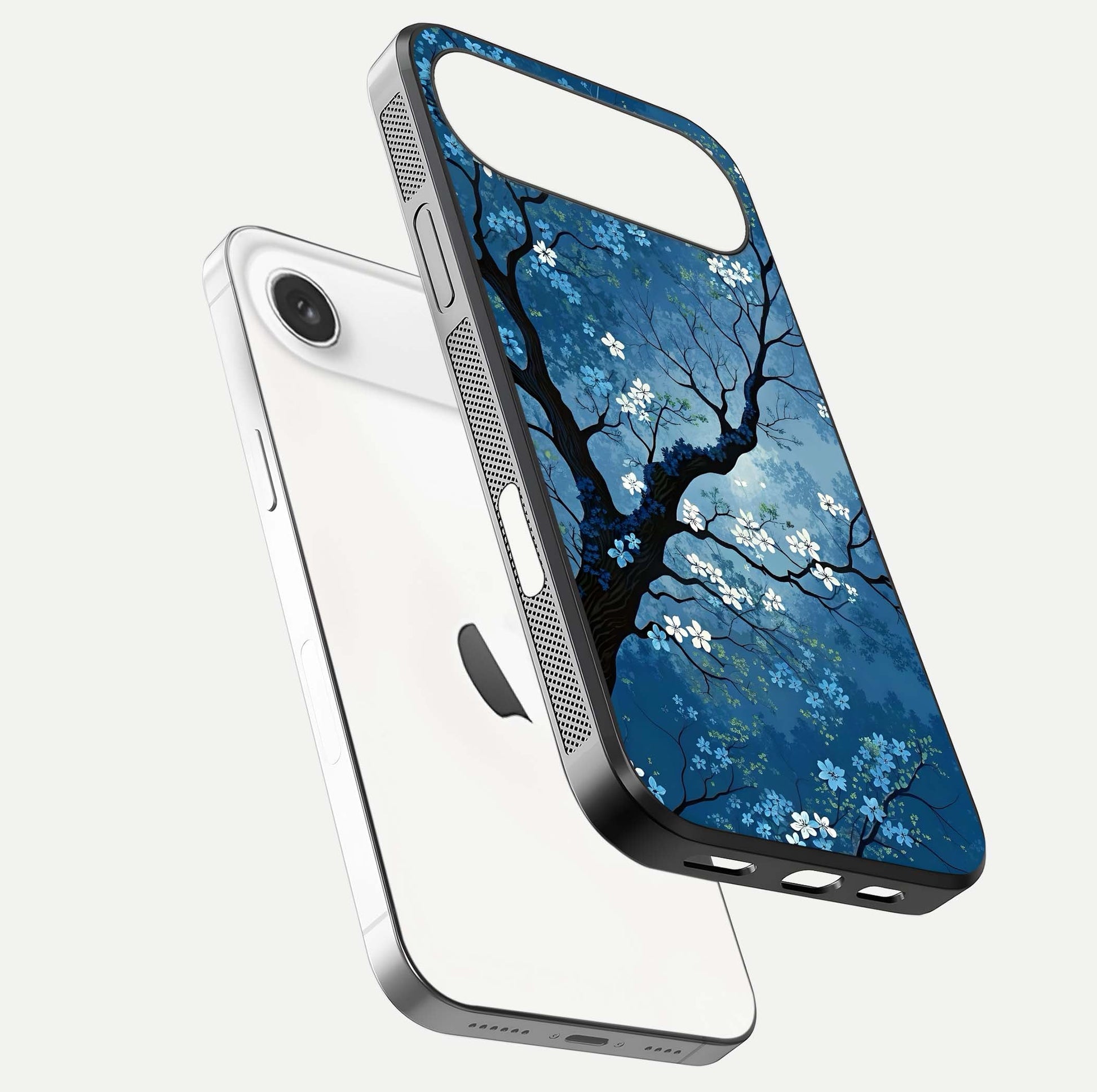 Blue Tree Serenity Glass Case for iPhone Air  floating mockup displaying serene tones and HD glass polish