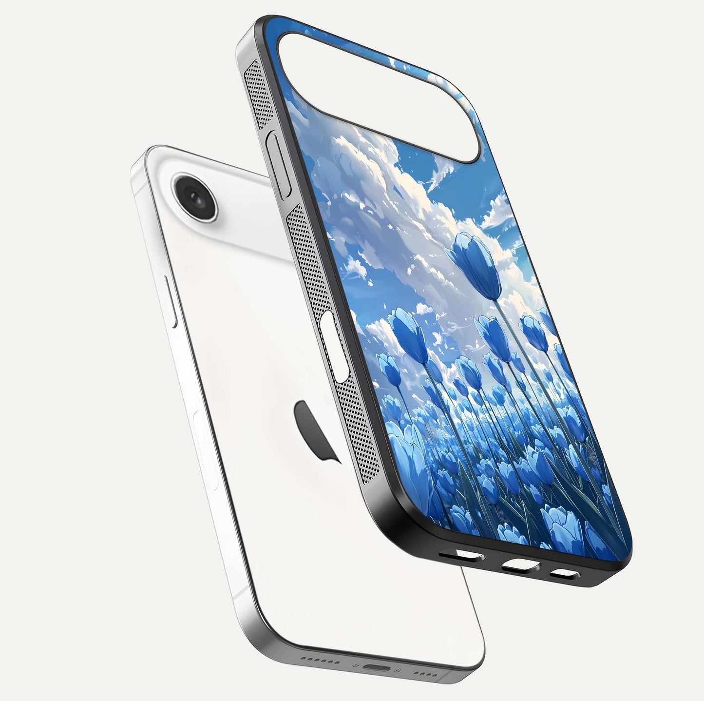 Blue Tulip Clouds Glass Case for iPhone Air  floating mockup displaying tulip-cloud fusion art and smooth glass gloss
