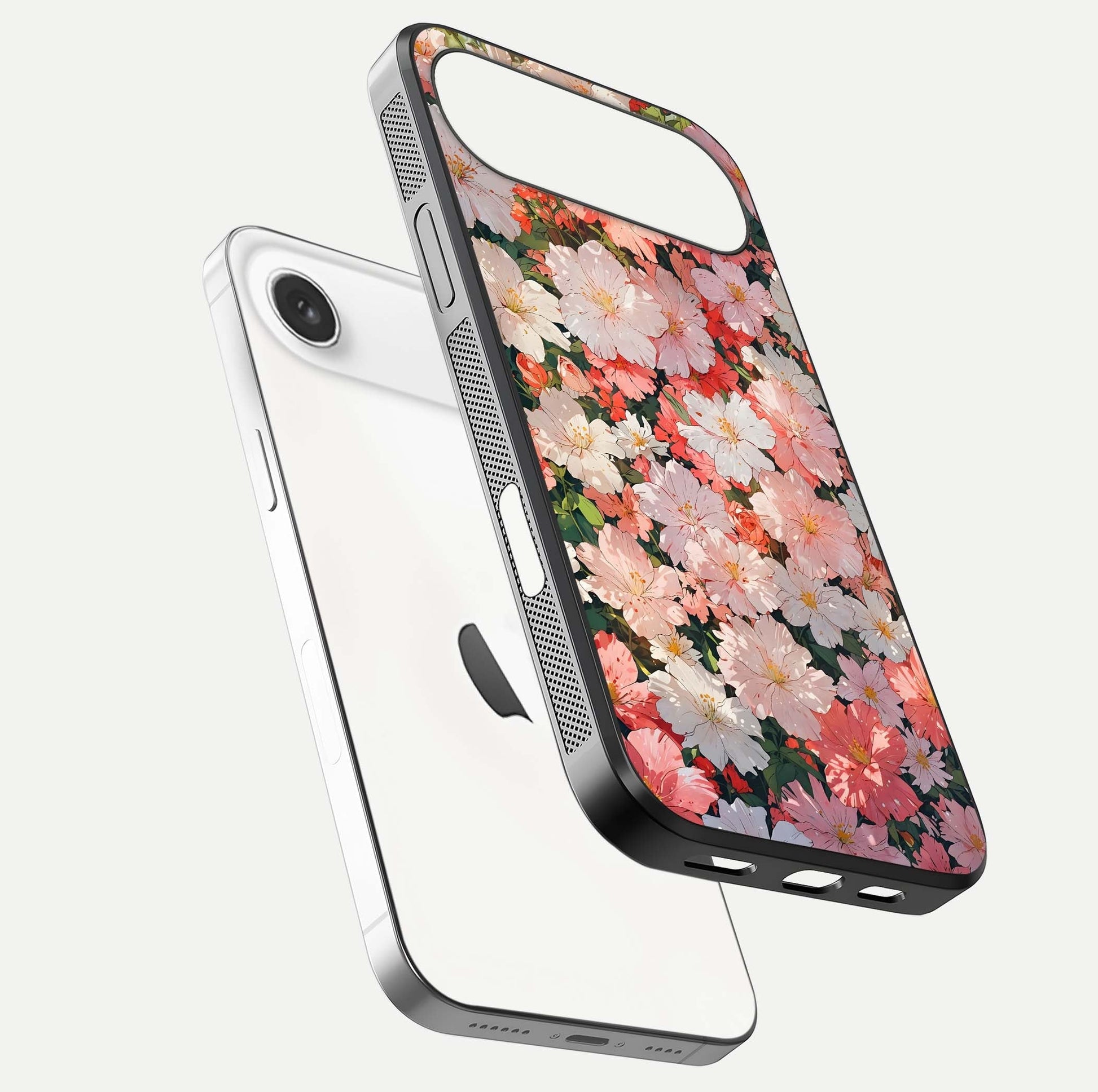 Blush Bloom Field Glass Case for iPhone Air  floating mockup highlighting floral spread and edge reflection
