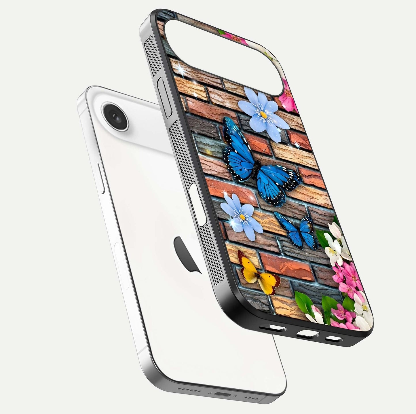 Brick Bloom Flight Glass Case for iPhone Air  floating mockup displaying gloss reflection and pattern vibrancy