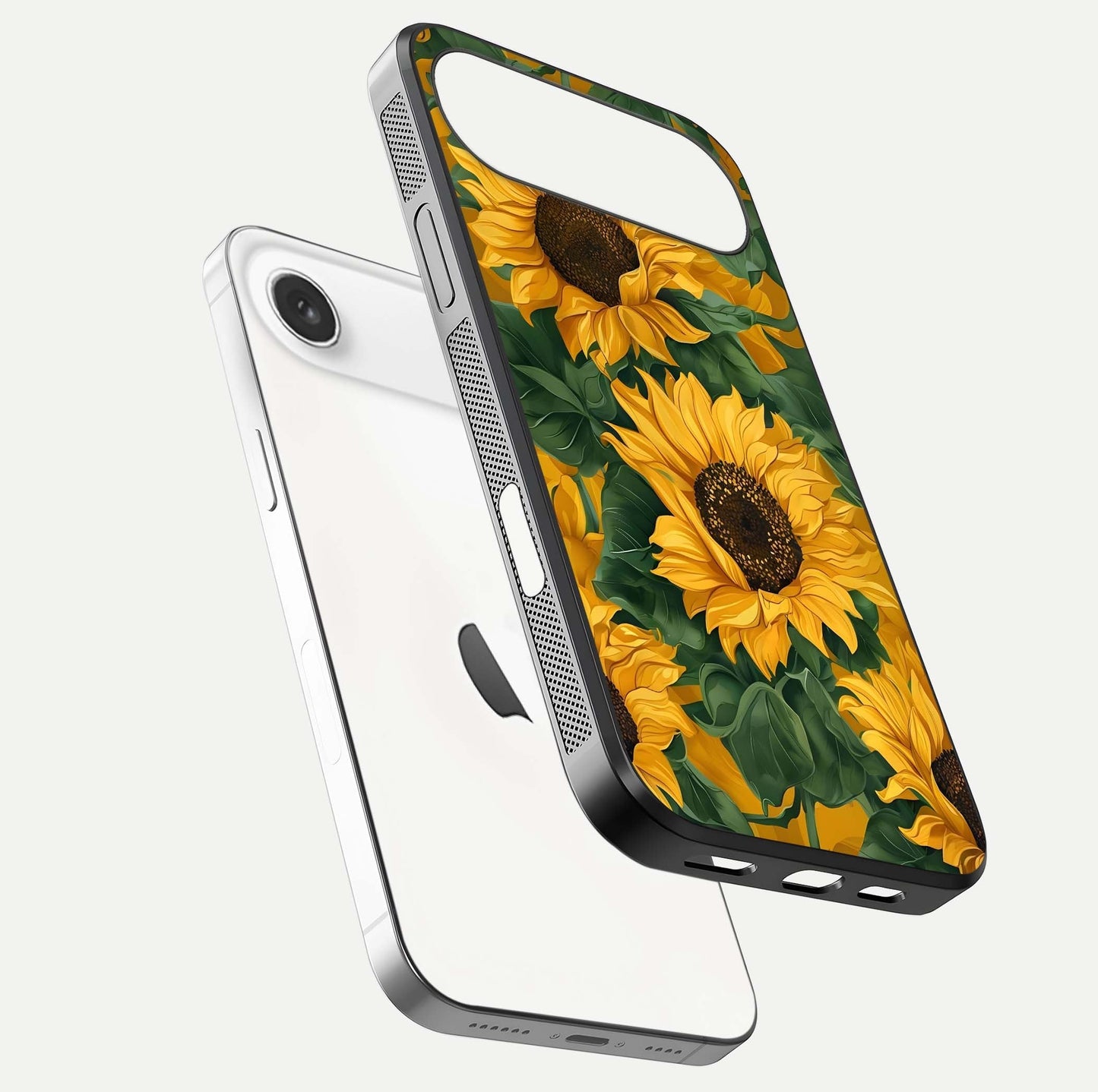 Bright Sunflower Bloom Glass Case for iPhone Air  floating mockup capturing vibrant tones and gloss surface