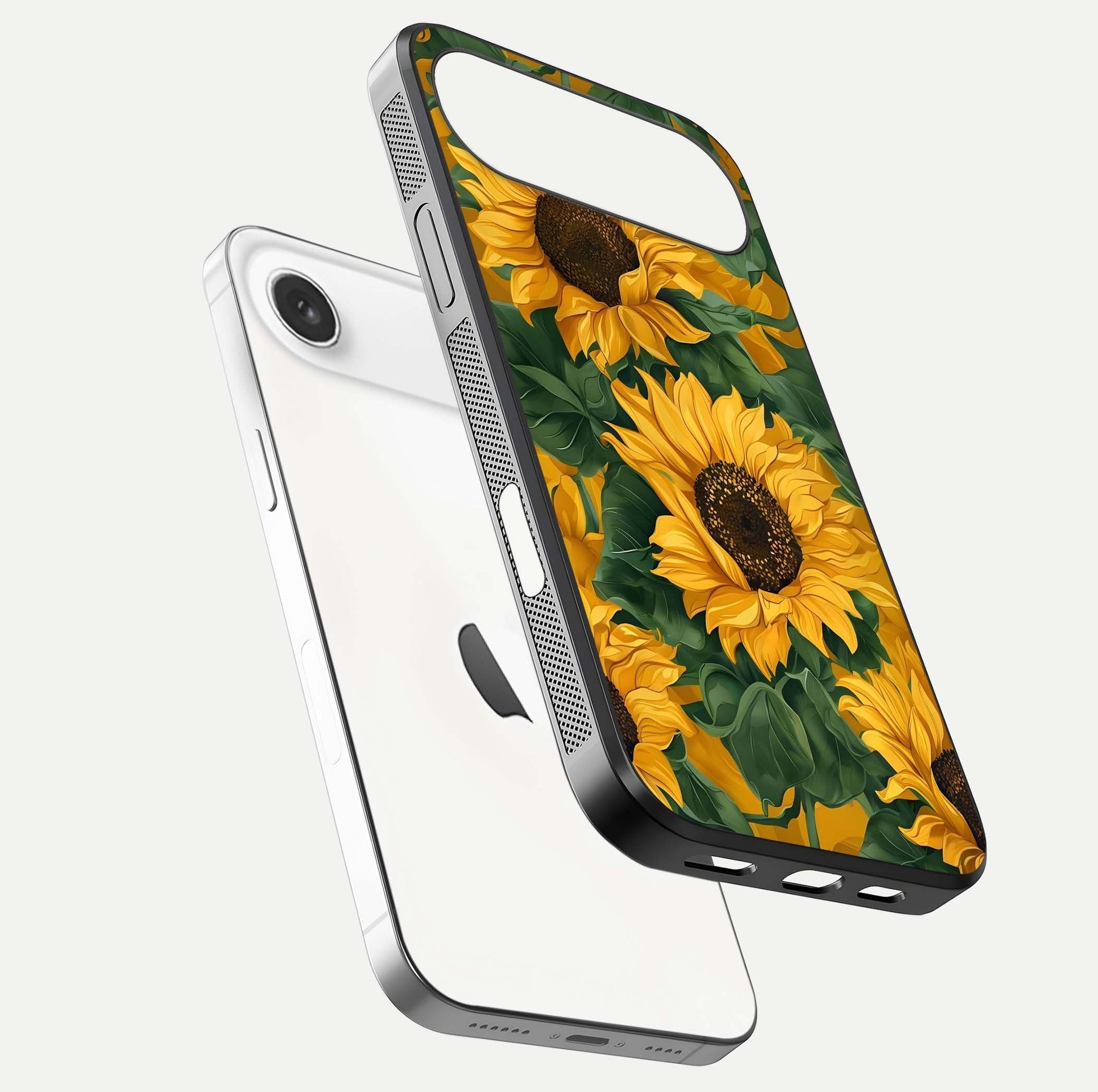 Bright Sunflower Bloom Glass Case for iPhone Air  floating mockup capturing vibrant tones and gloss surface