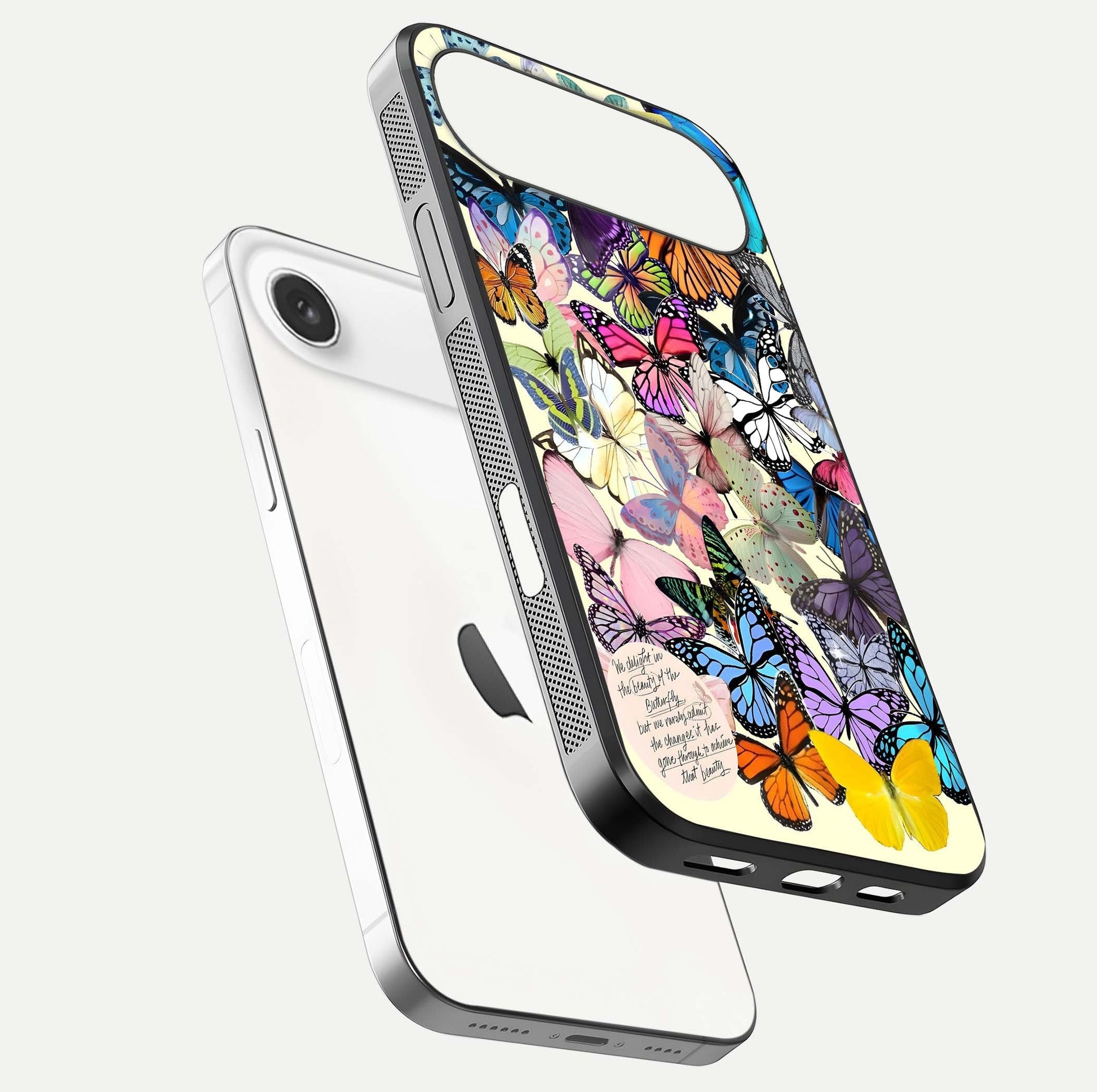 Butterflies Petal Dream Glass Case for iPhone Air  floating mockup displaying detailed print and premium glass glow
