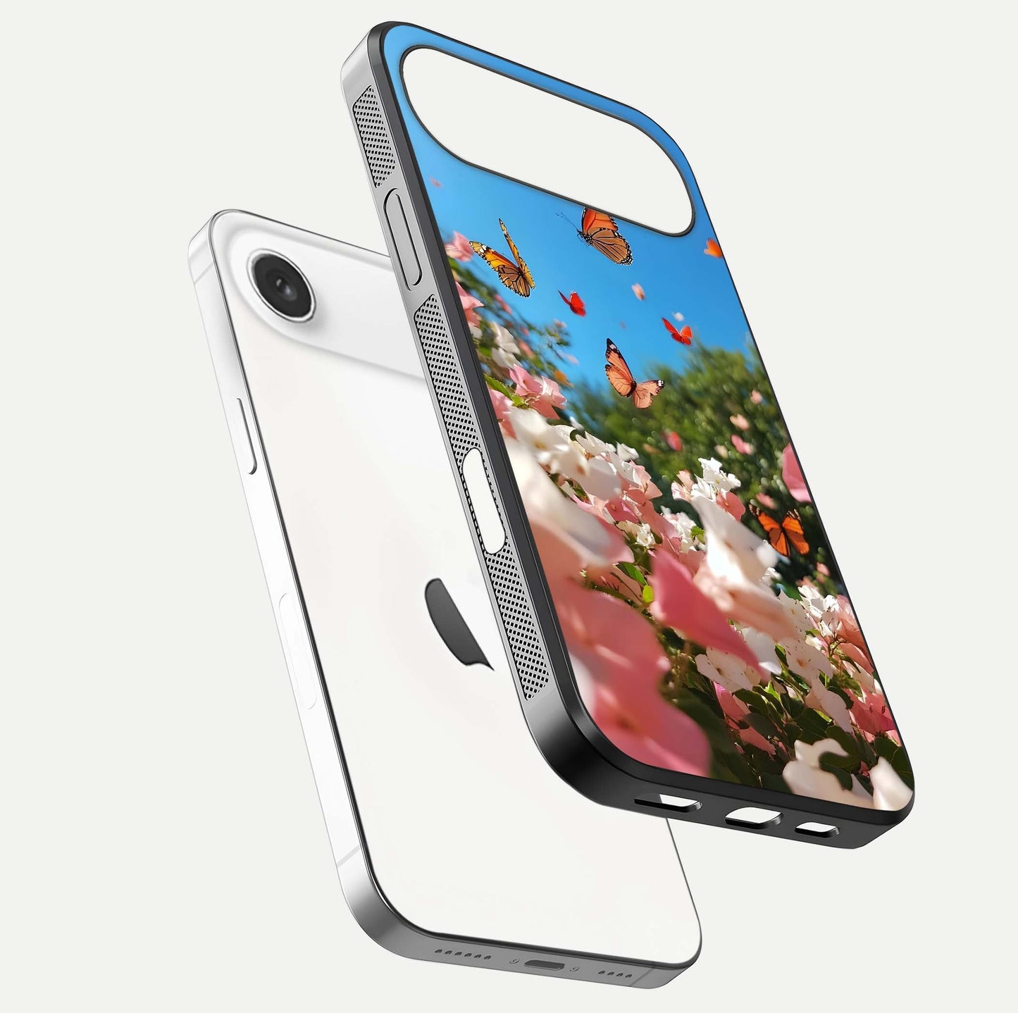 Butterflies in Bloom Sky Glass Case for iPhone Air  floating mockup capturing butterfly motion and edge design