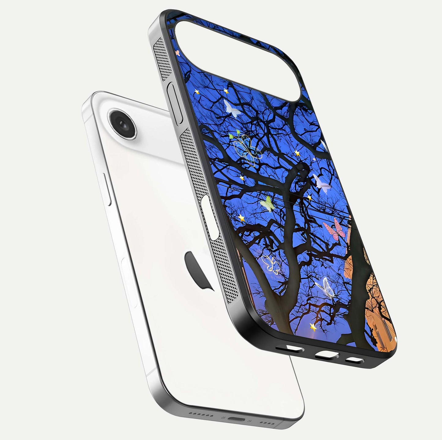 Butterfly Night Magic Glass Case for iPhone Air  floating mockup showing night glow and smooth polish