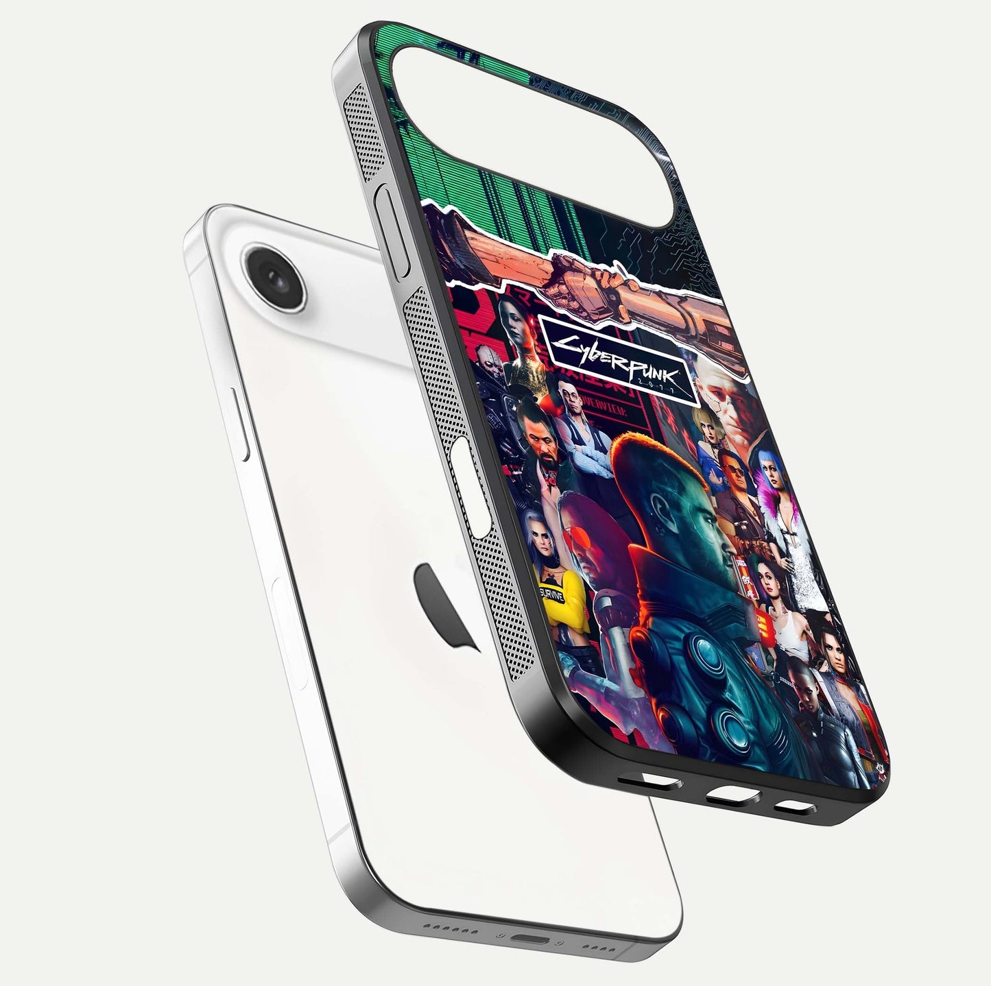 CYBERPUNK Legacy Glass Case for iPhone Air  floating mockup showing HD gloss and neon glow detail