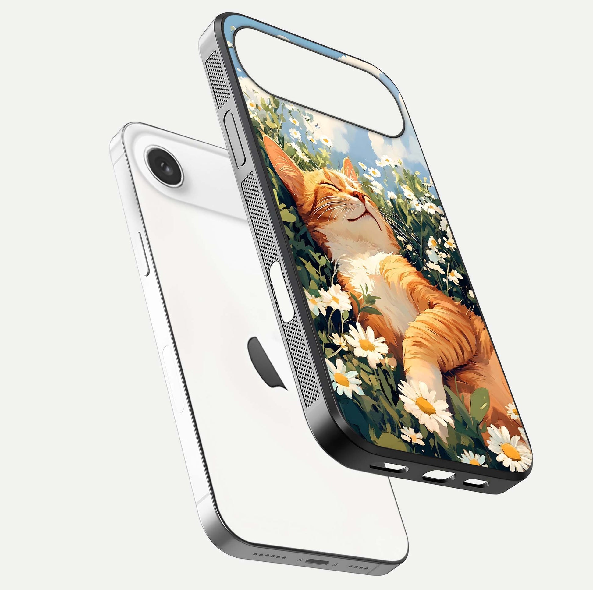 Cat & Flowers View Glass Case for iPhone Air  floating mockup showing design reflection and protective edges