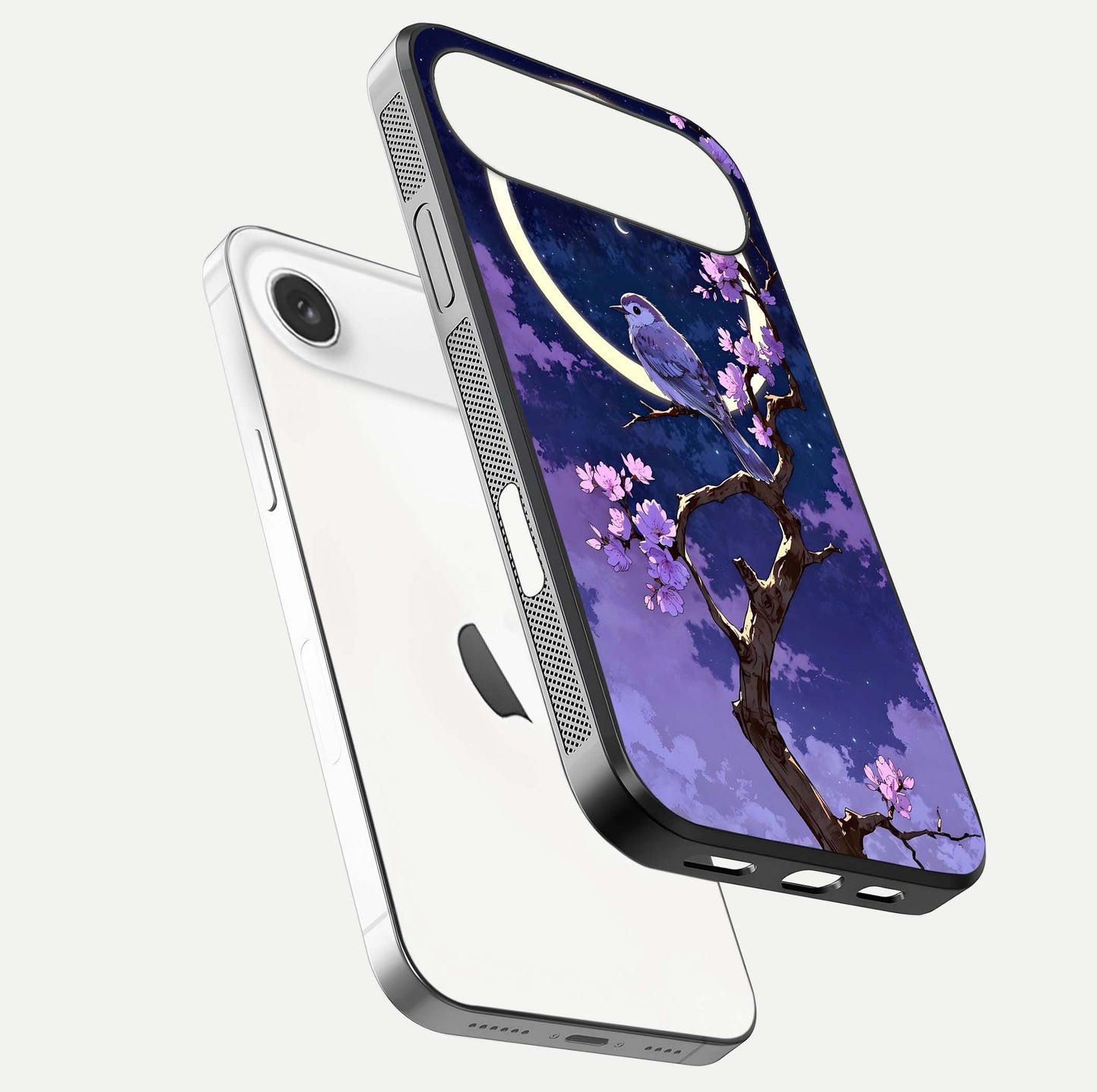 Celestial Bird Blossom Glass Case for iPhone Air  floating mockup showing cosmic floral tones and HD gloss