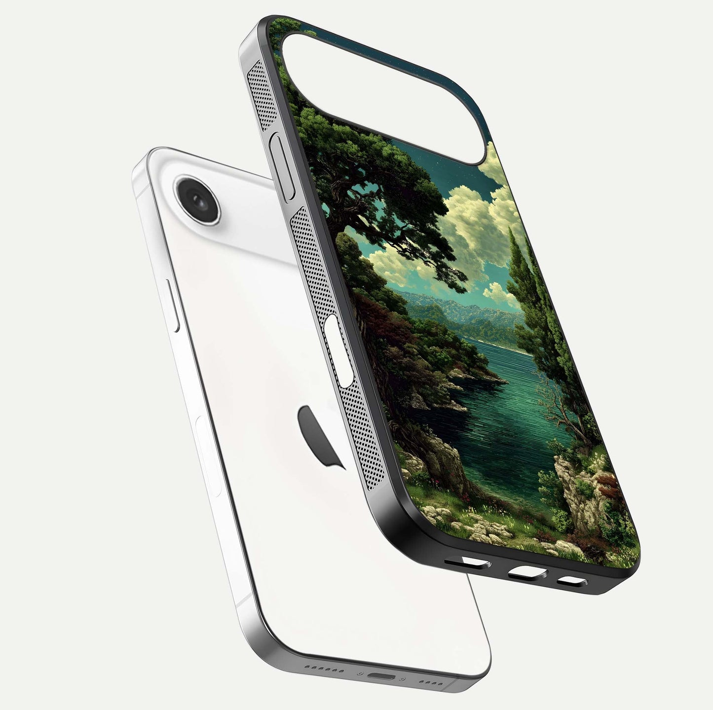Celestial Lake Peace Glass Case for iPhone Air  floating mockup capturing calm tones and smooth polish