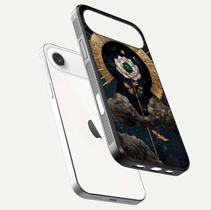Celestial Lotus Morang Glass Case for iPhone Air  floating mockup showing gloss depth and cosmic lotus glow