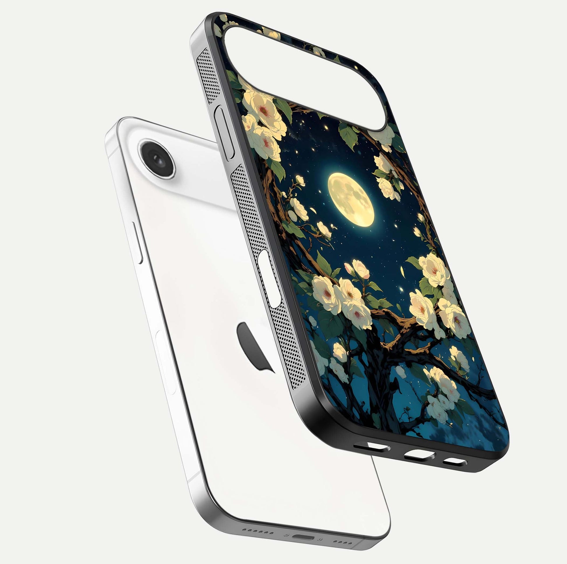 Celestial Moon & Flower Glass Case for iPhone Air  floating mockup emphasizing HD shine and delicate texture