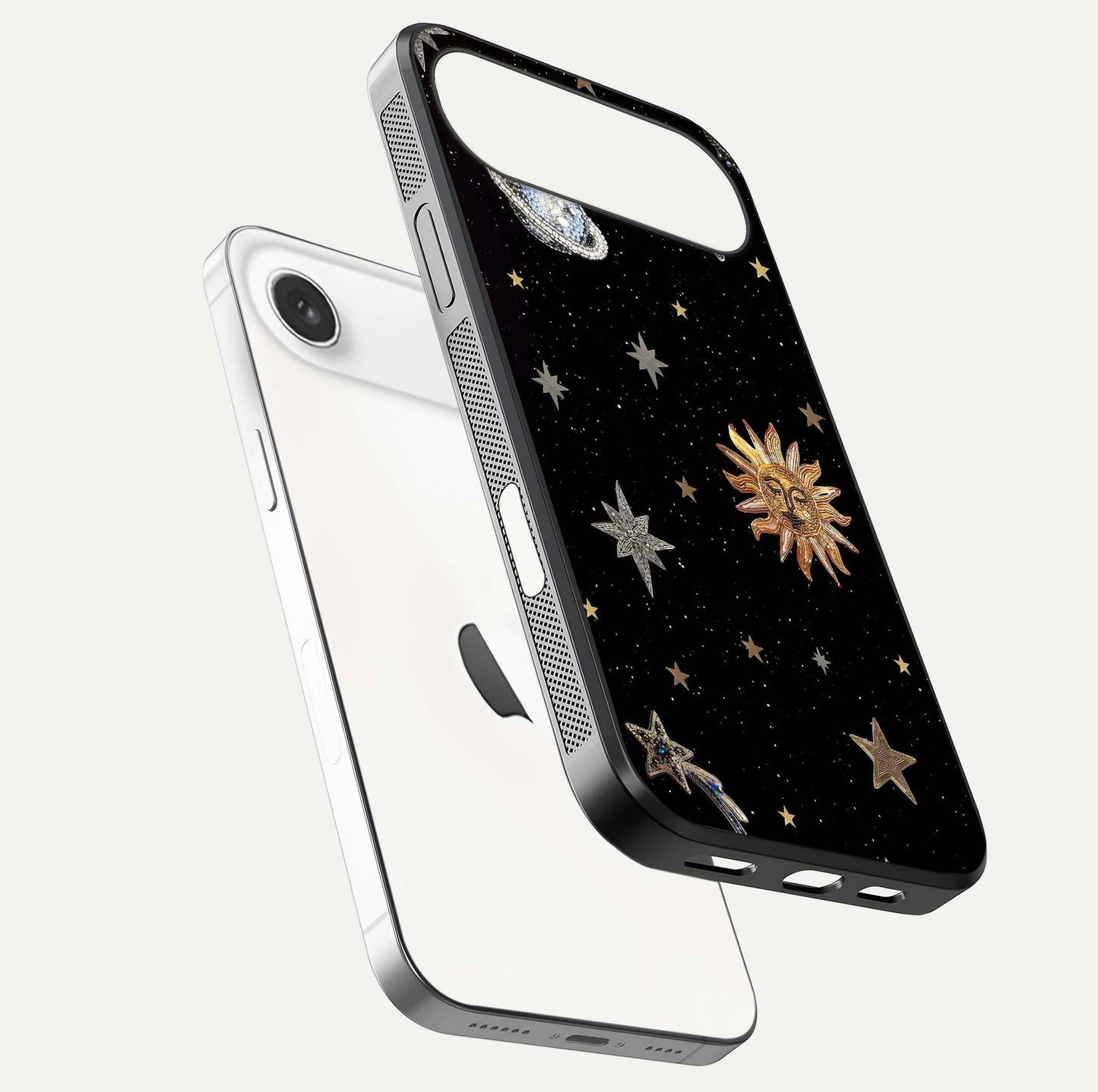 Celestial Moon With Stars Glass Case for iPhone Air  floating mockup emphasizing star depth and gloss clarity