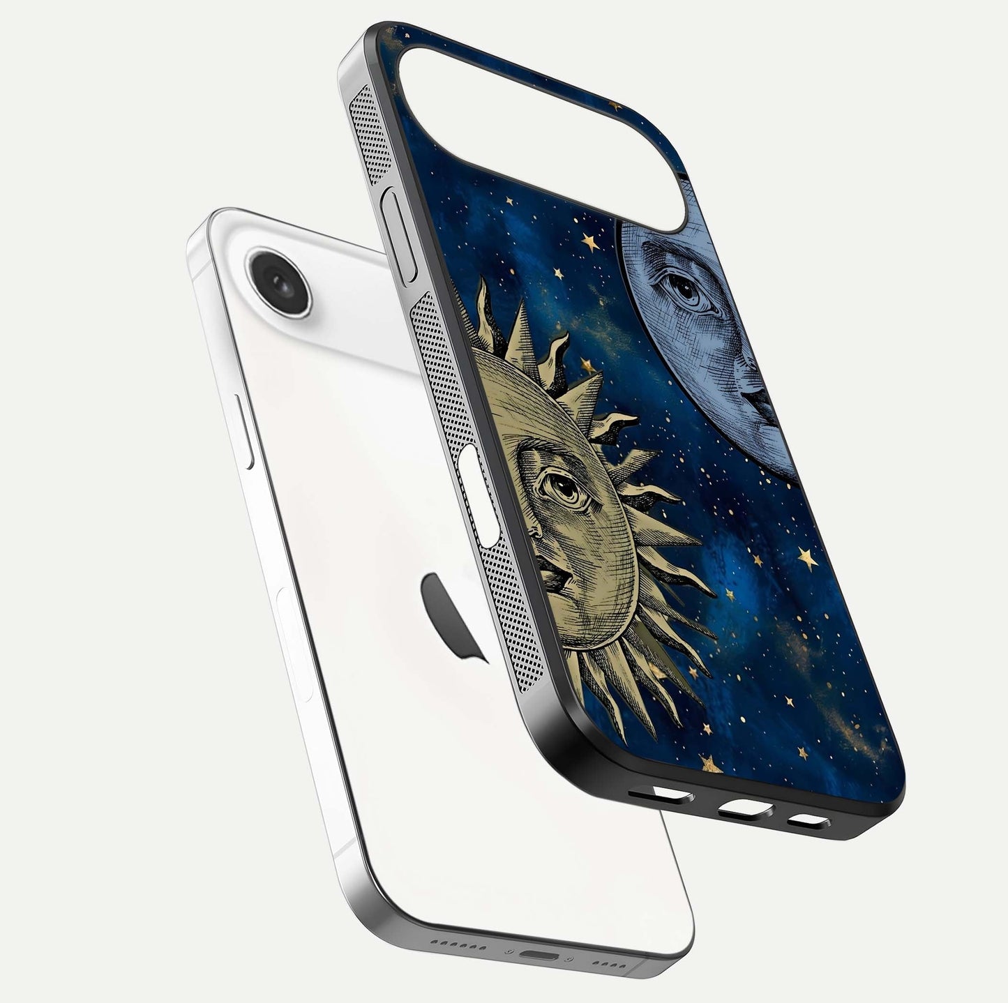 Celestial Moon With Sun Glass Case for iPhone Air  floating mockup displaying vibrant contrast and HD gloss