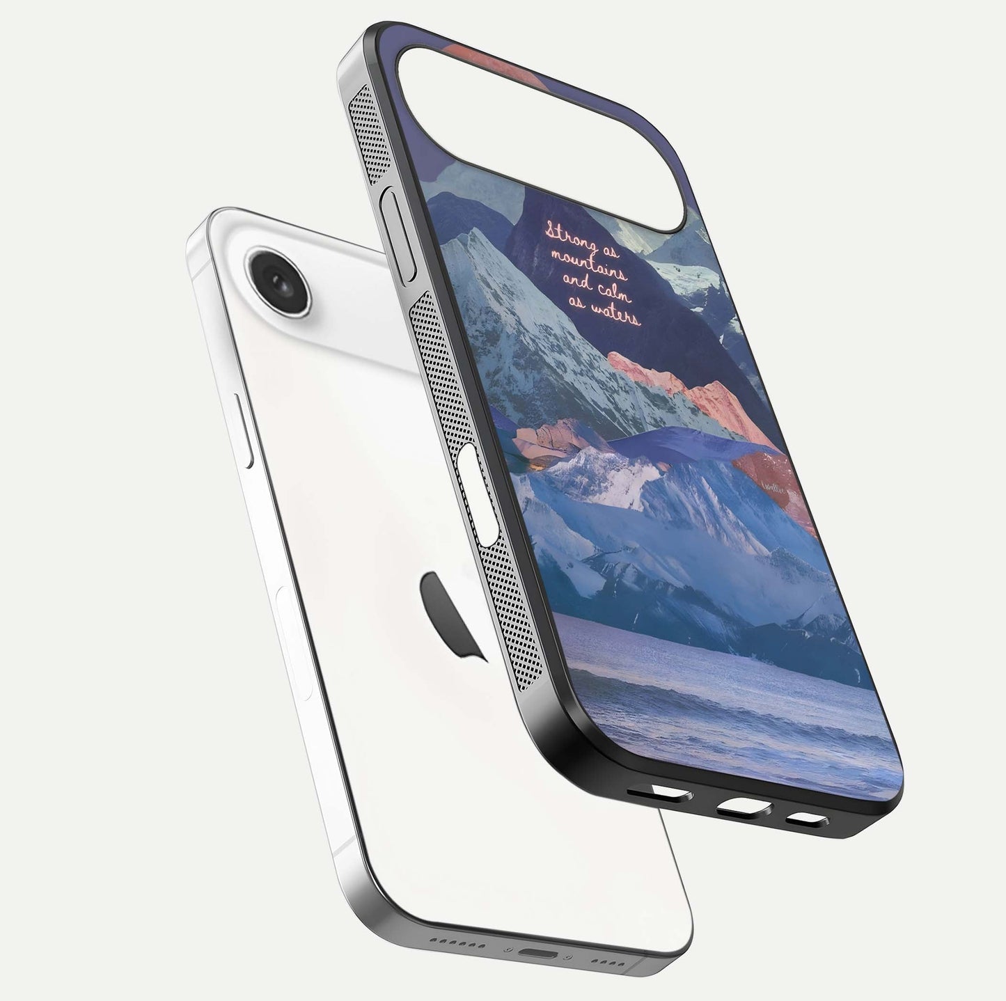Celestial Mountain Calm Glass Case for iPhone Air  floating mockup showing glow depth and polished edges