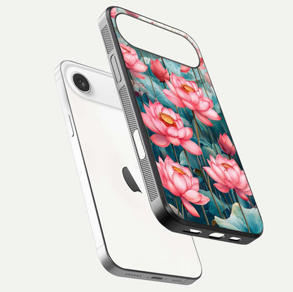 Celestial Pink Lotus Glass Case for iPhone Air  floating mockup displaying cosmic tone and gloss surface