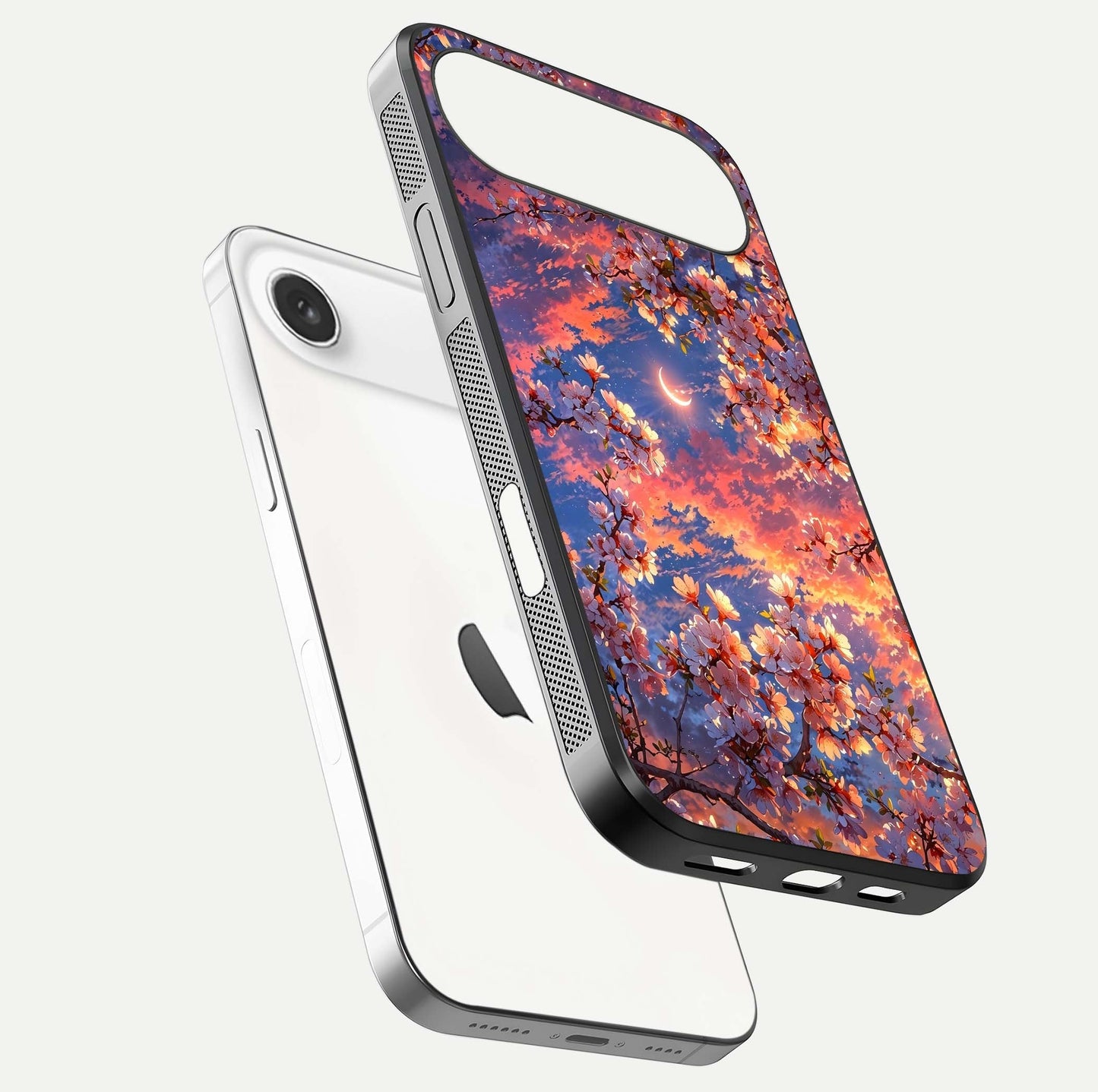 Celestial Sakura Sunset Glass Case for iPhone Air  floating mockup capturing sunset hue and smooth gloss