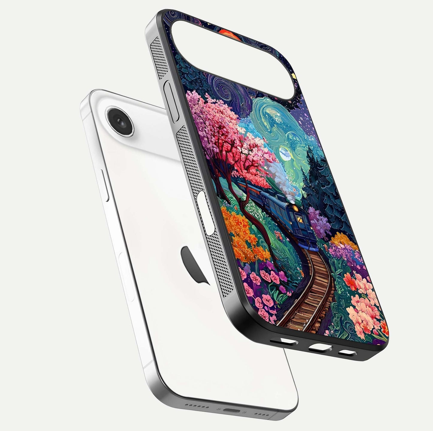 Celestial Train Journey Glass Case for iPhone Air  floating mockup capturing gloss reflection and deep night hues
