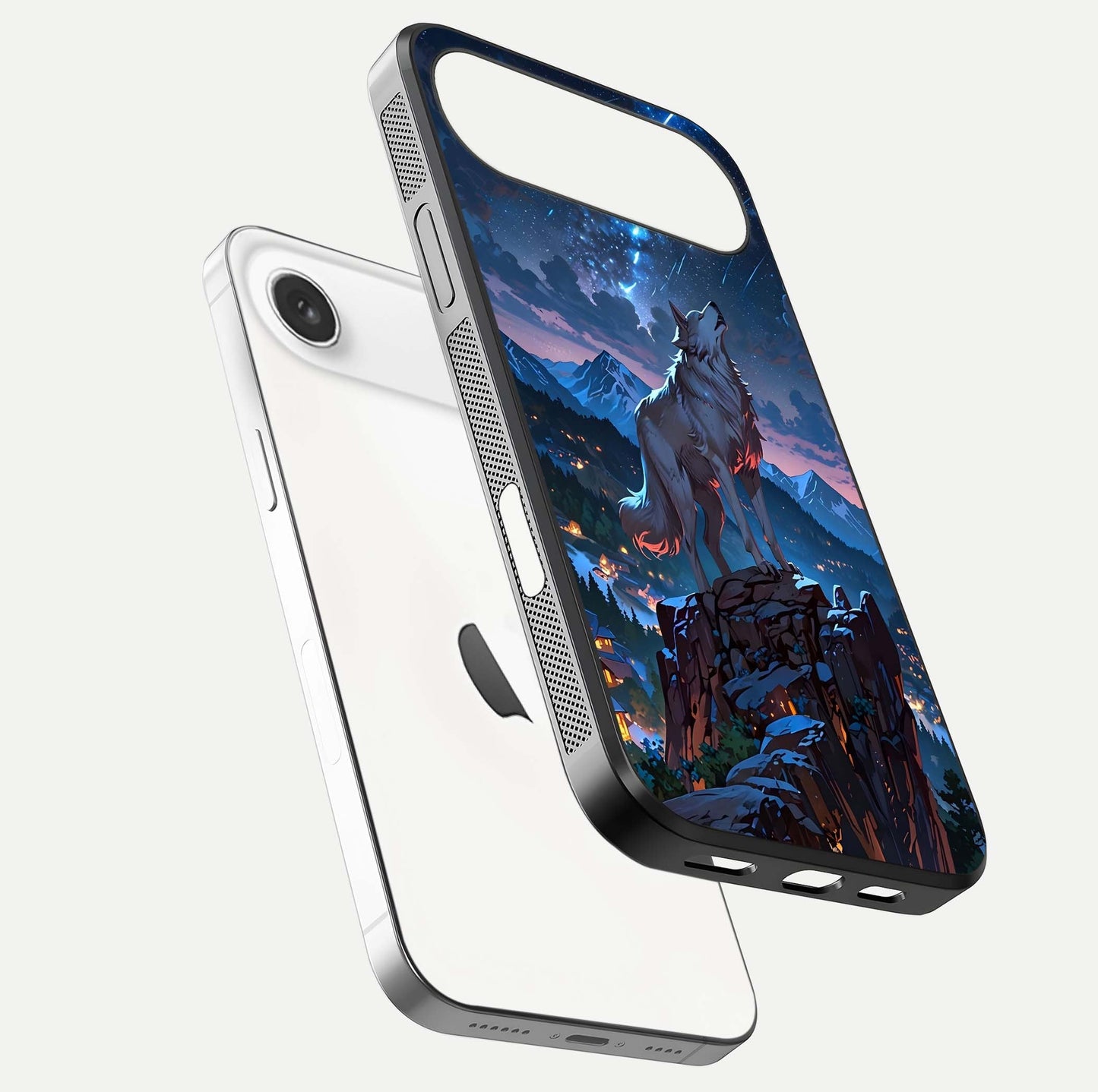 Celestial Wolf Howl Glass Case for iPhone Air  floating mockup capturing reflection depth and silver gloss