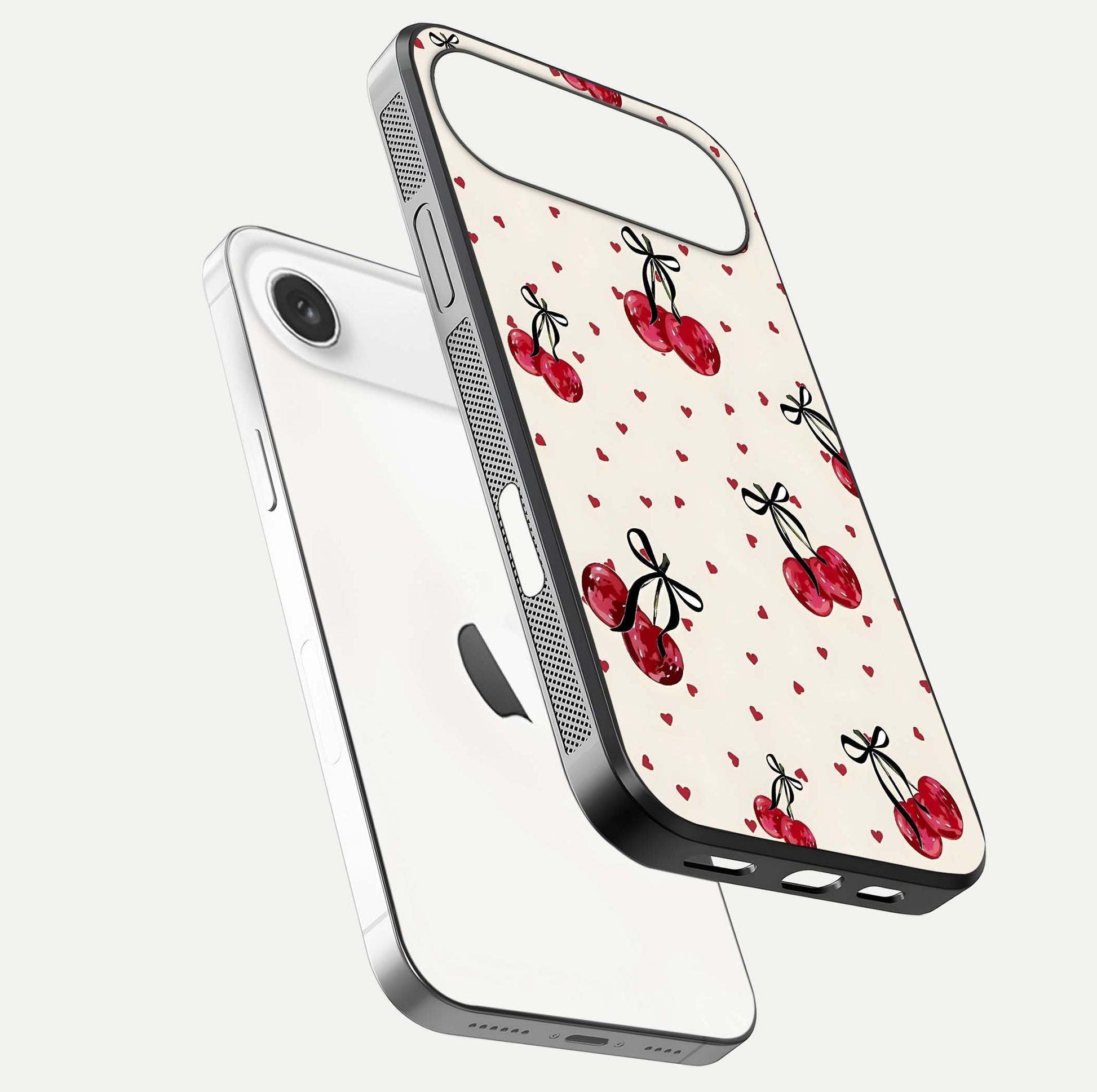 Cherry Heart Bow Glass Case for iPhone Air  floating mockup showing reflection and HD print detail