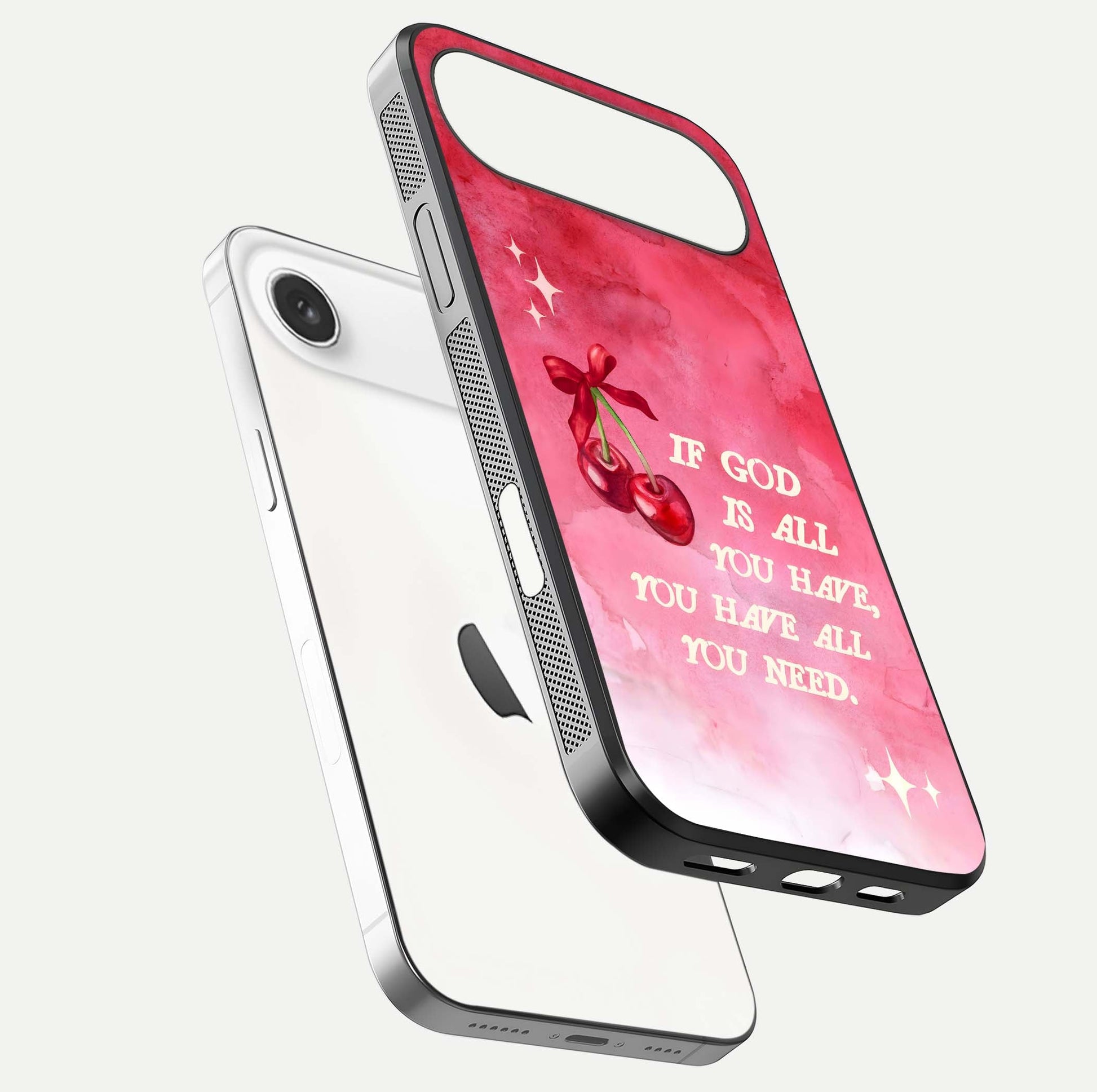 Cherry Quote Glass Case for iPhone Air  floating mockup capturing shine texture and clear typography