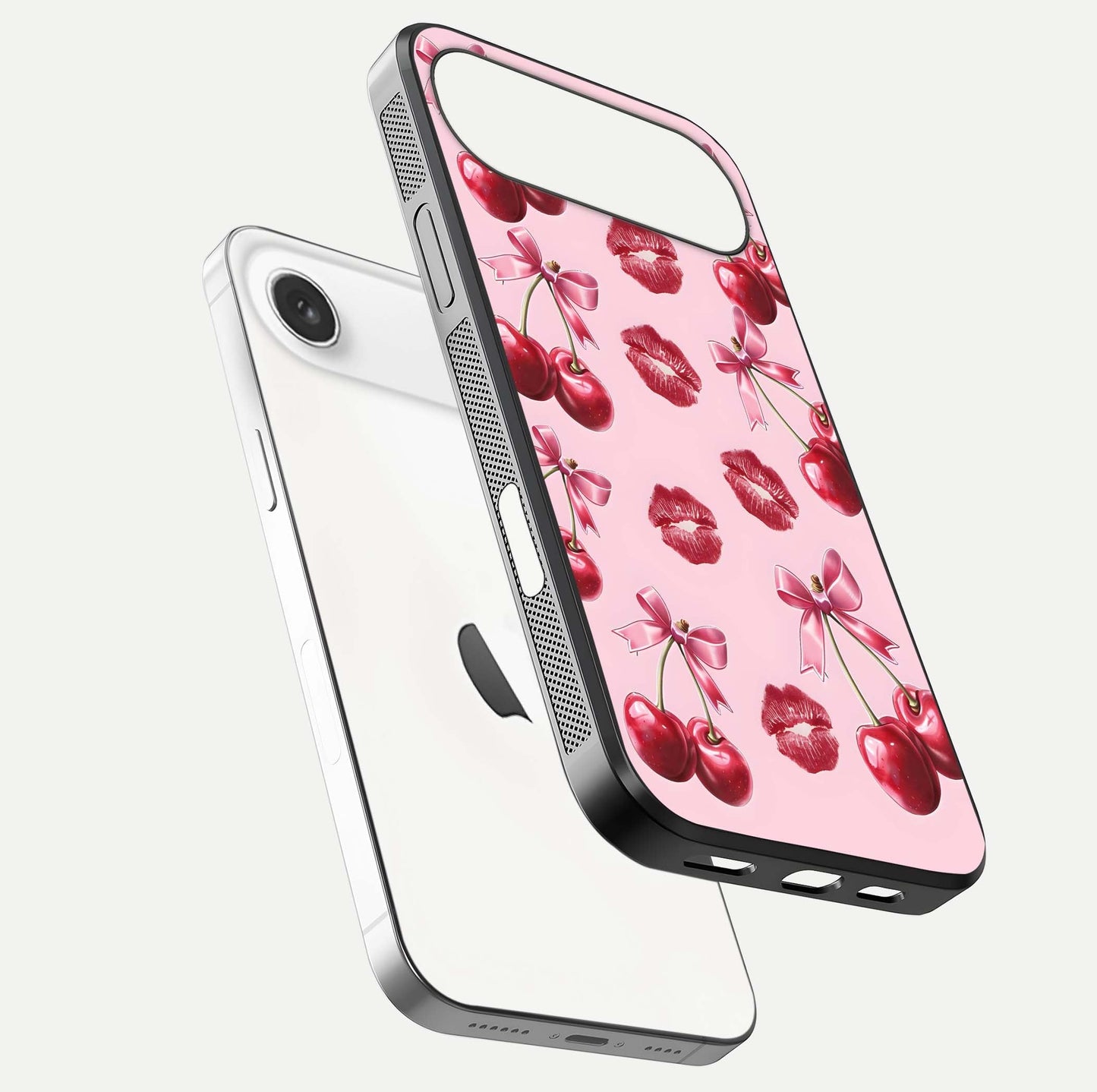 Cherry With Lips Glass Case for iPhone Air  floating mockup showing HD gloss and pop-art inspired tones