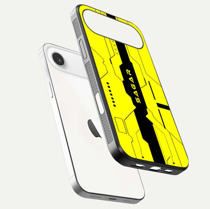 Circuit CYBERPUNK Custom Name Glass Case for iPhone Air  floating mockup capturing glow effects and polished shine