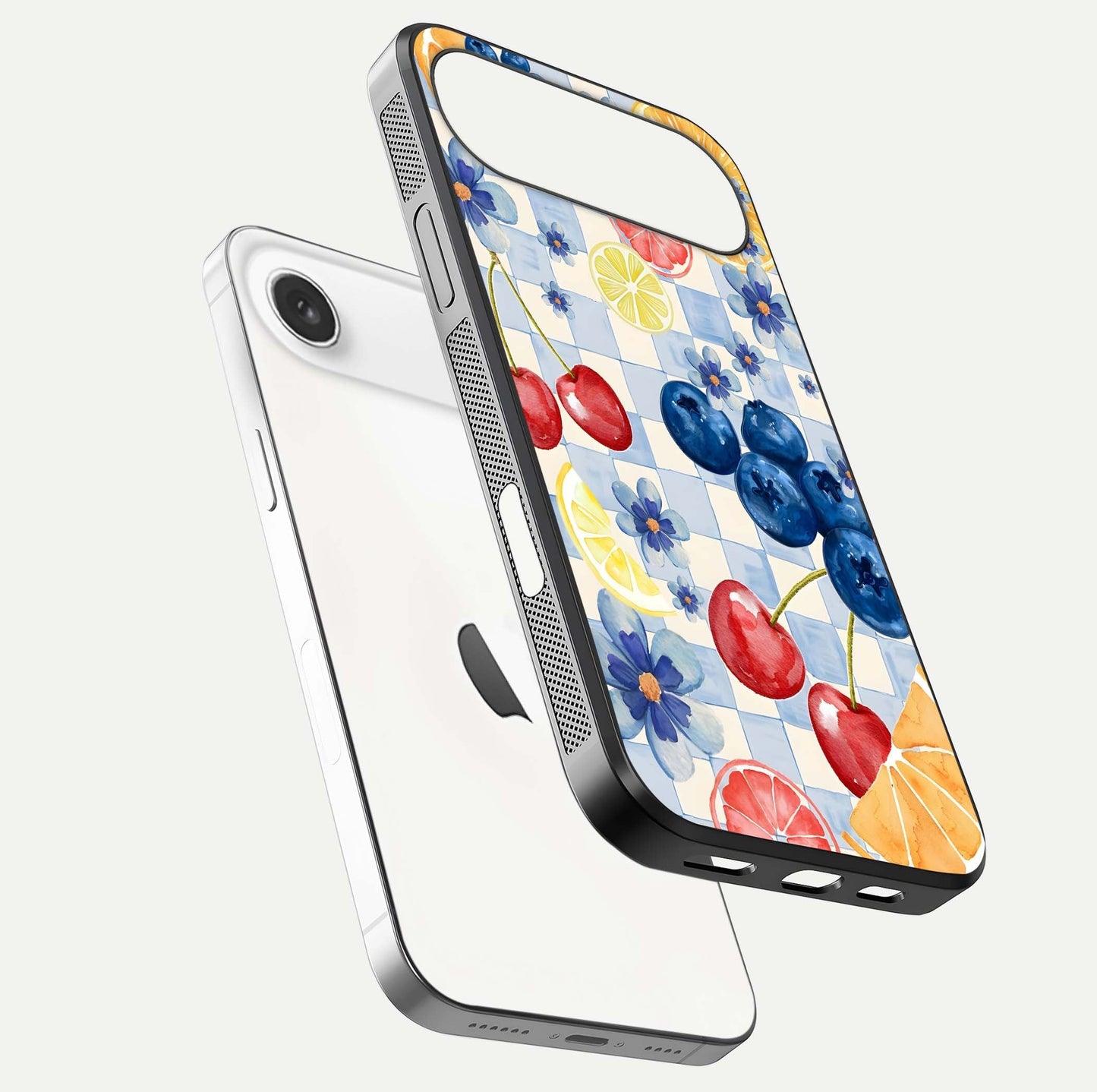 Citrus Bloom Joy Glass Case for iPhone Air  floating mockup showing HD gloss and lively tone