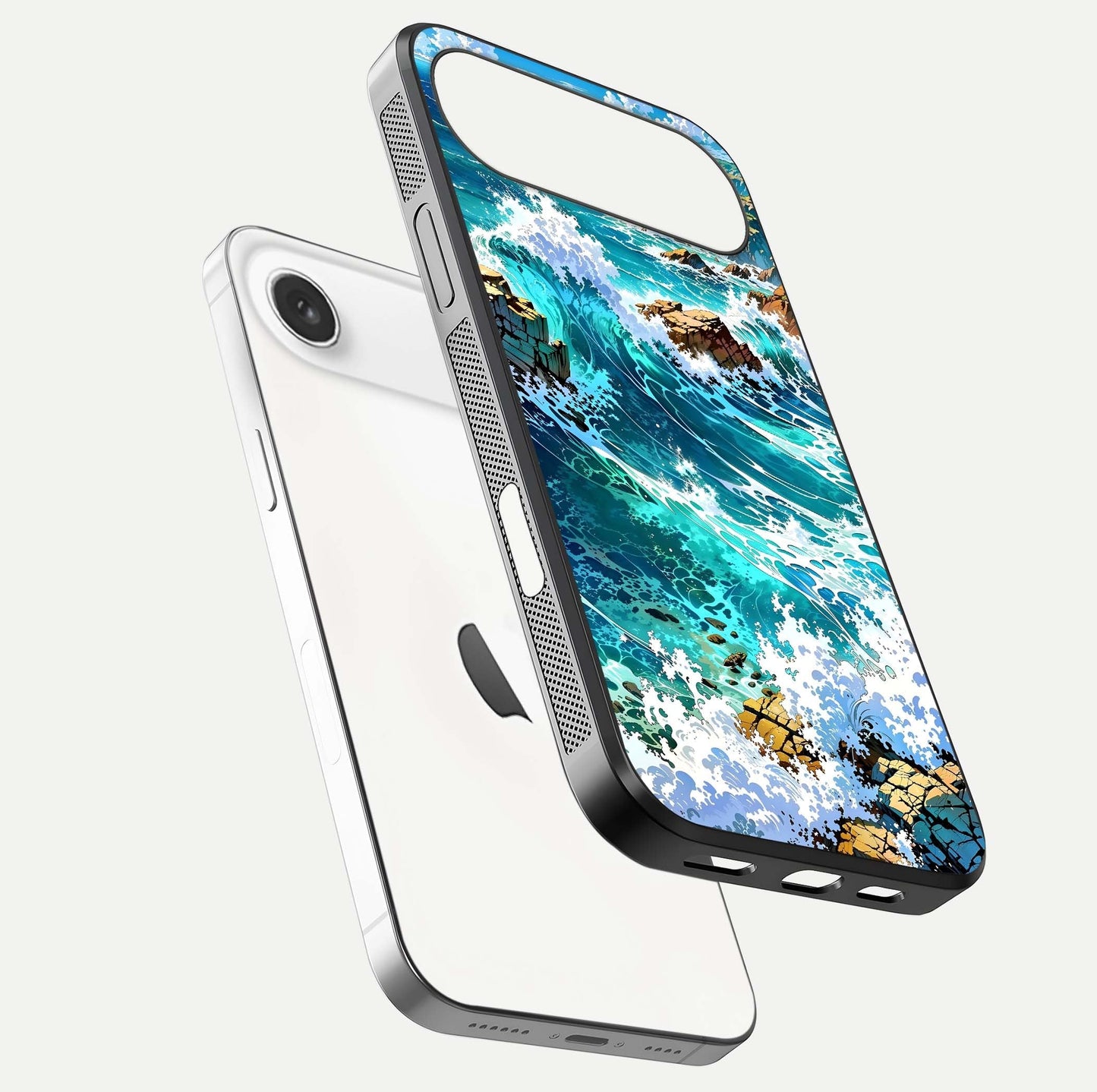 Coastal Blue Waves Glass Case for iPhone Air  floating mockup showing HD reflection and wave details