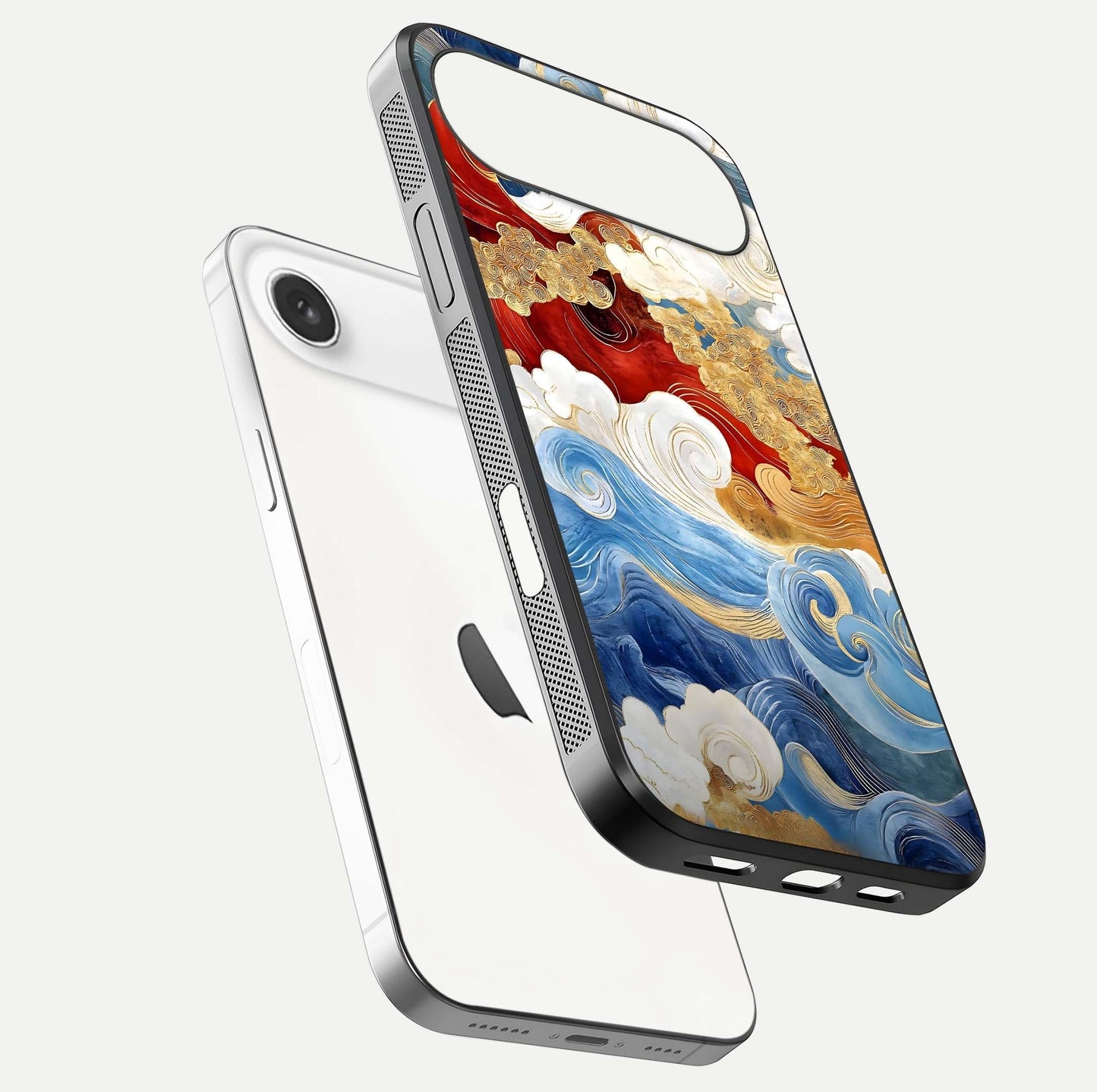 Colored Waves Glass Case for iPhone Air  floating dual-view mockup displaying gloss finish and color contrast