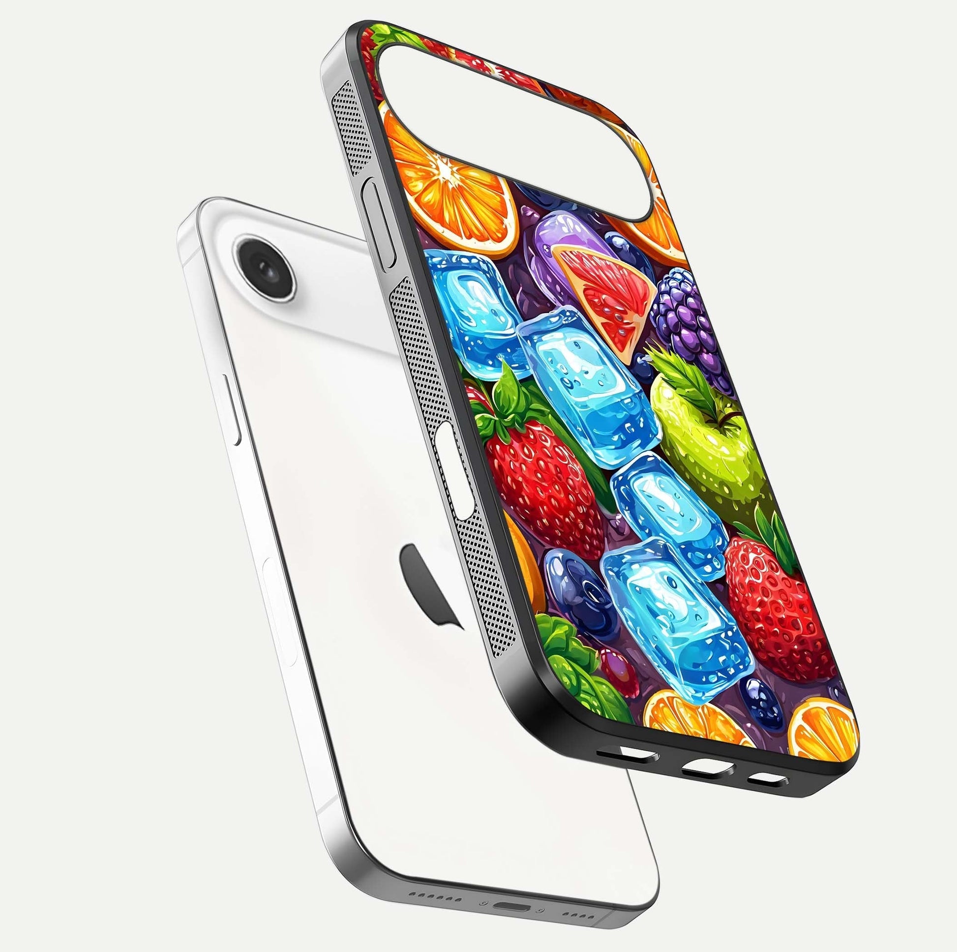 Colorful Fruits with Ice Glass Case for iPhone Air  floating mockup showing bright shine and crystal clarity