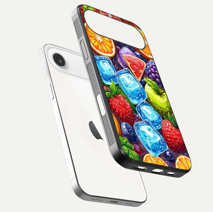 Colorful Fruits with Ice Glass Case for iPhone Air  floating mockup showing bright shine and crystal clarity