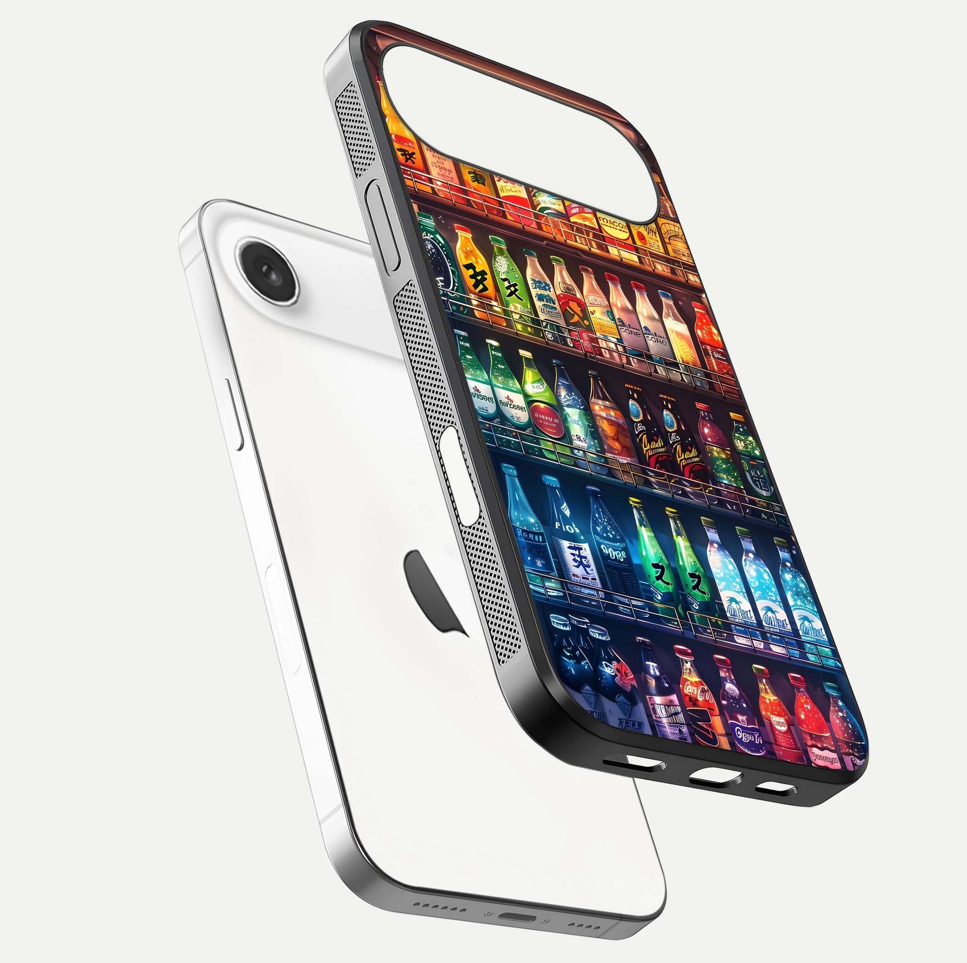 Colorful Soda Bottles Glass Case for iPhone Air  floating mockup showing light reflection and bright gloss