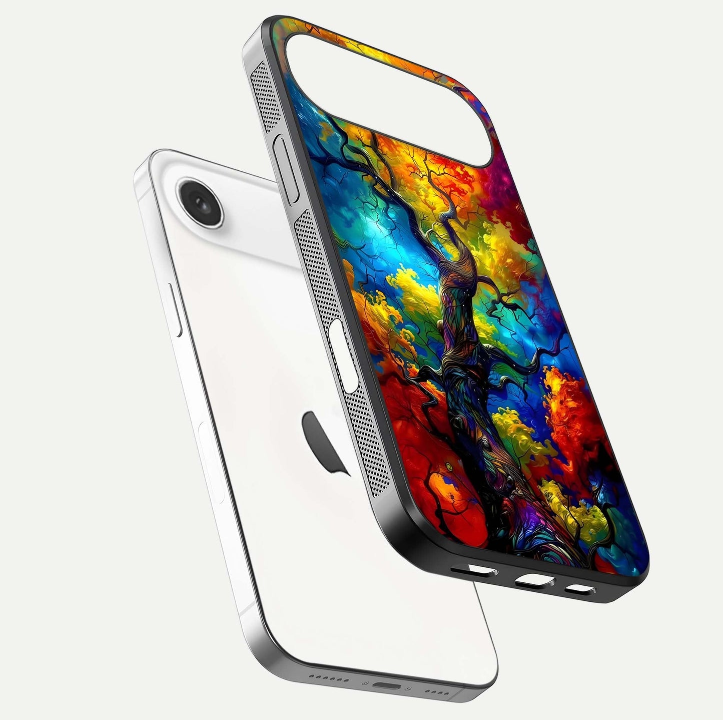 Colorful Tree Glass Case for iPhone Air  floating mockup showing reflection gloss and vivid hues