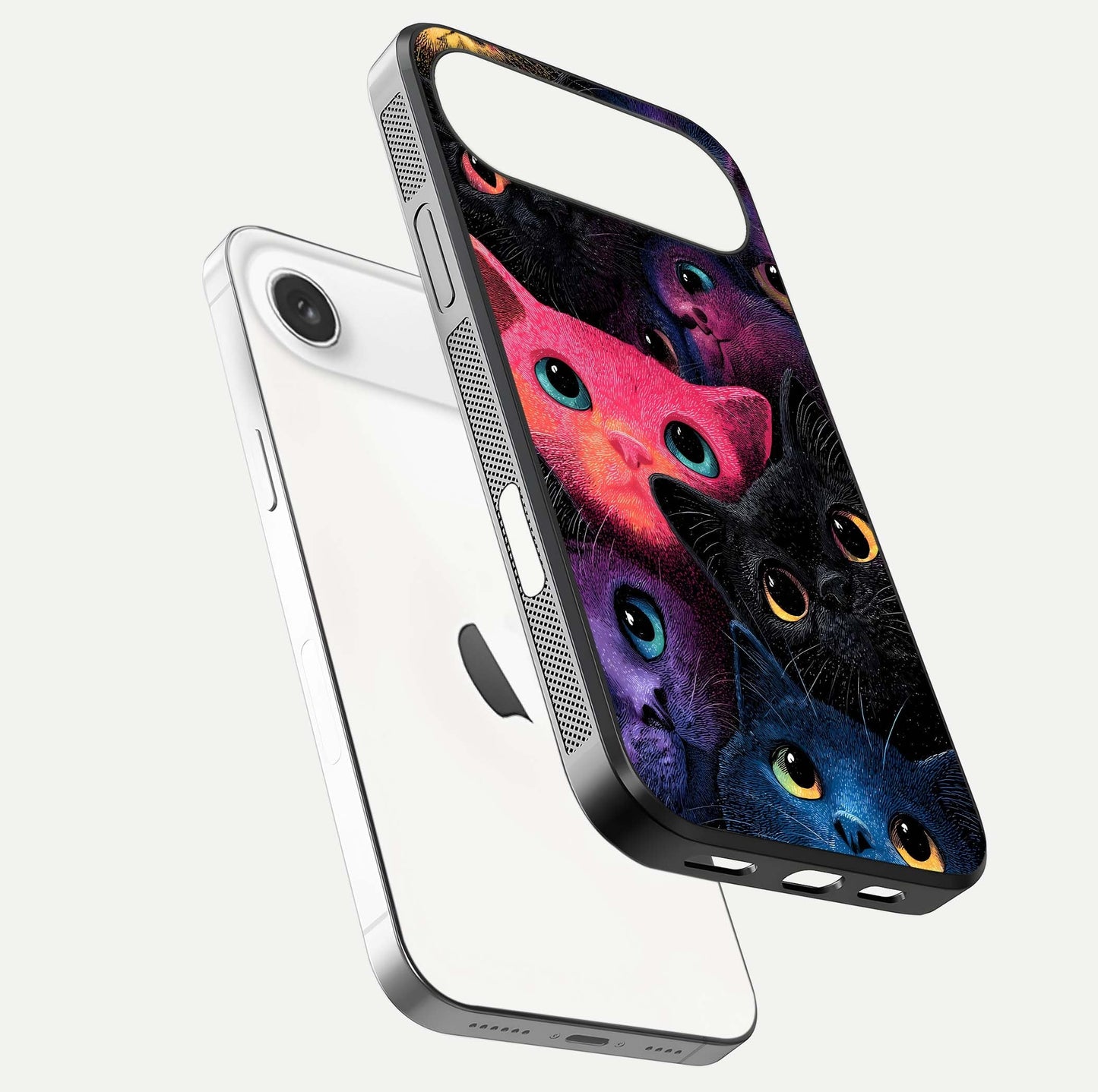 Cosmic Cats Dreams Glass Case for iPhone Air  floating mockup showing star details and polish reflection