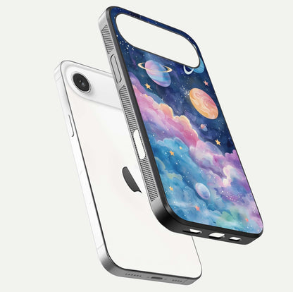 Cosmic Planet Dreams Glass Case for iPhone Air  floating mockup showing HD gloss and cosmic reflection