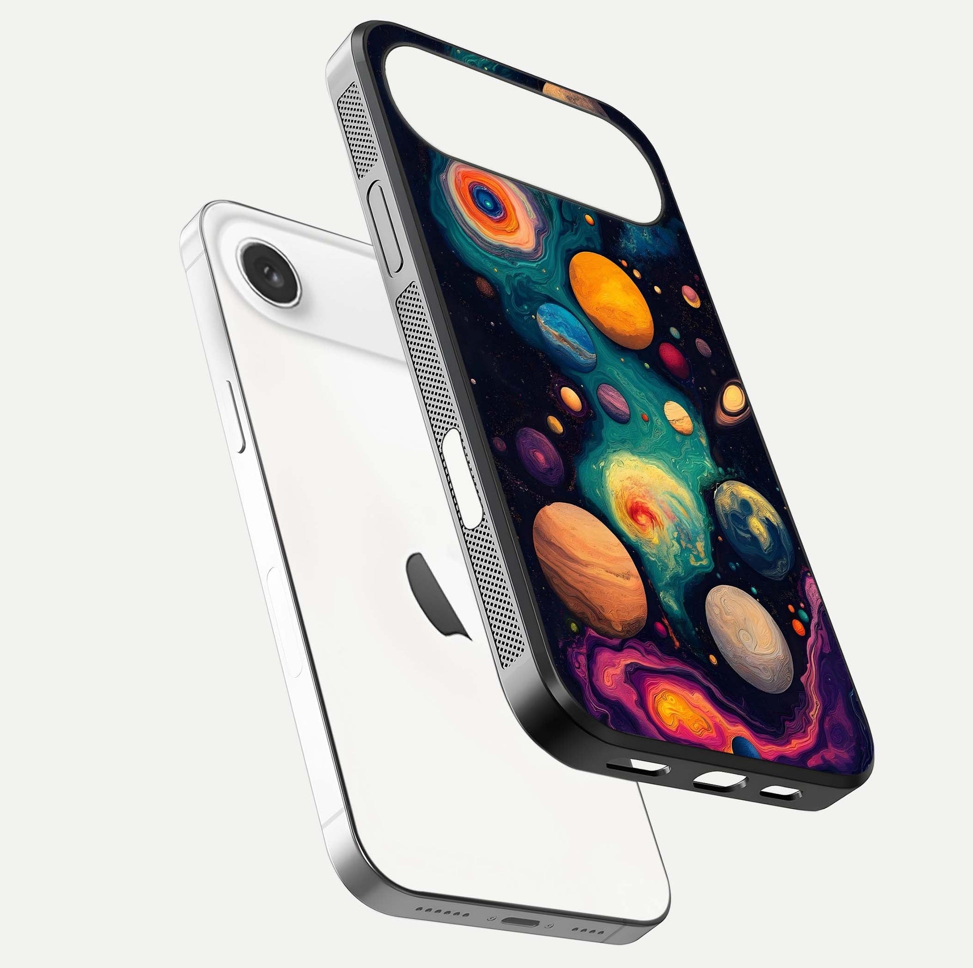 Cosmic Planet Journey Glass Case for iPhone Air  floating mockup showing gloss gradient and deep shine