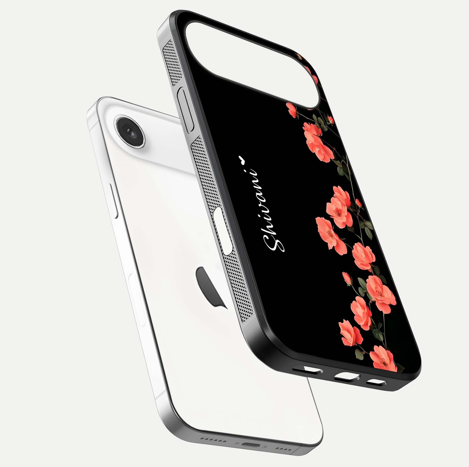 Crimson Bloom Grace Custom Name Glass Case for iPhone Air  floating mockup showing HD gloss and floral tones