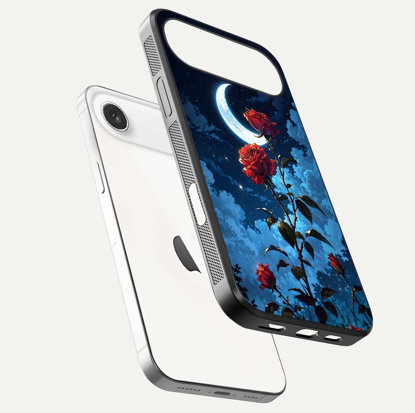 Crimson Rose Moon Glass Case for iPhone Air  floating mockup showing HD shine and elegant contrast