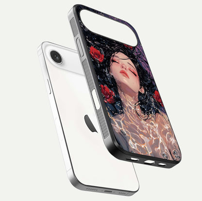 Crimson Rose Serenity Glass Case for iPhone Air  floating mockup showing HD gloss and floral texture