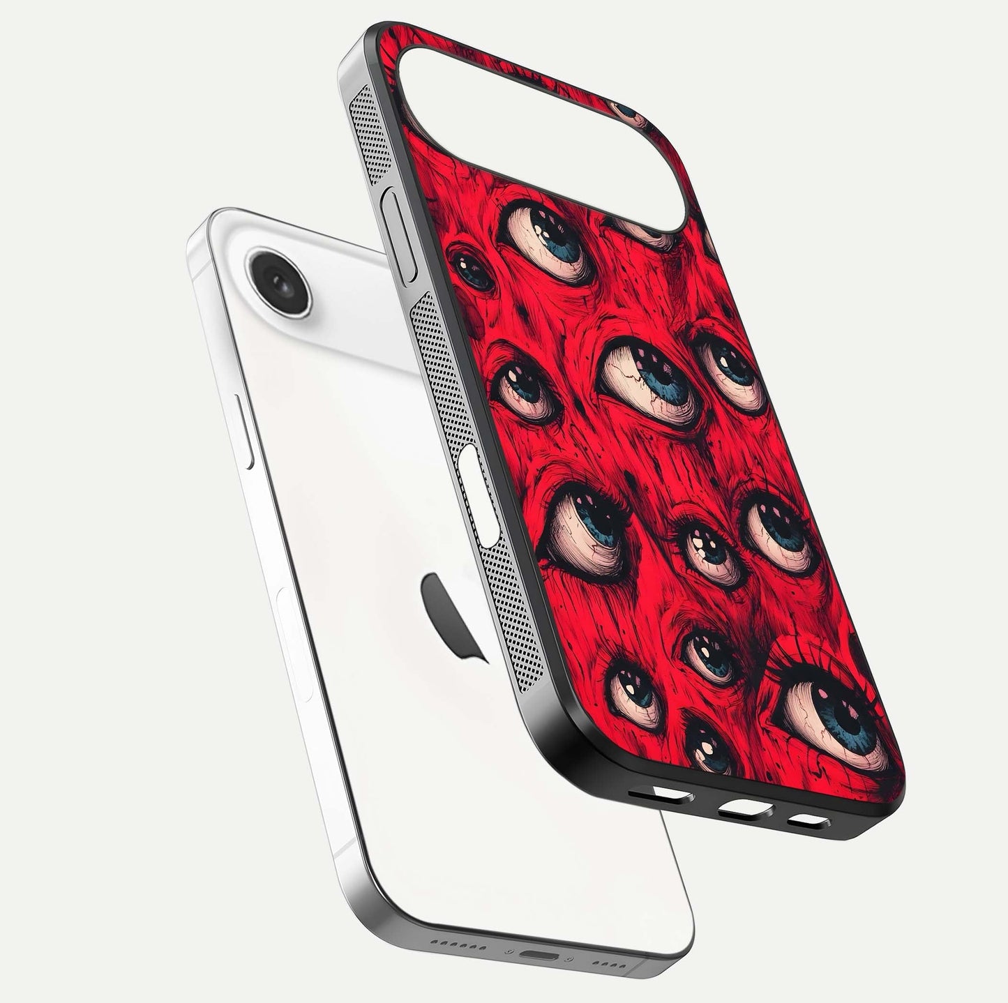 Crimson Watch Eyes Glass Case for iPhone Air  floating mockup showing HD polish and bright gloss