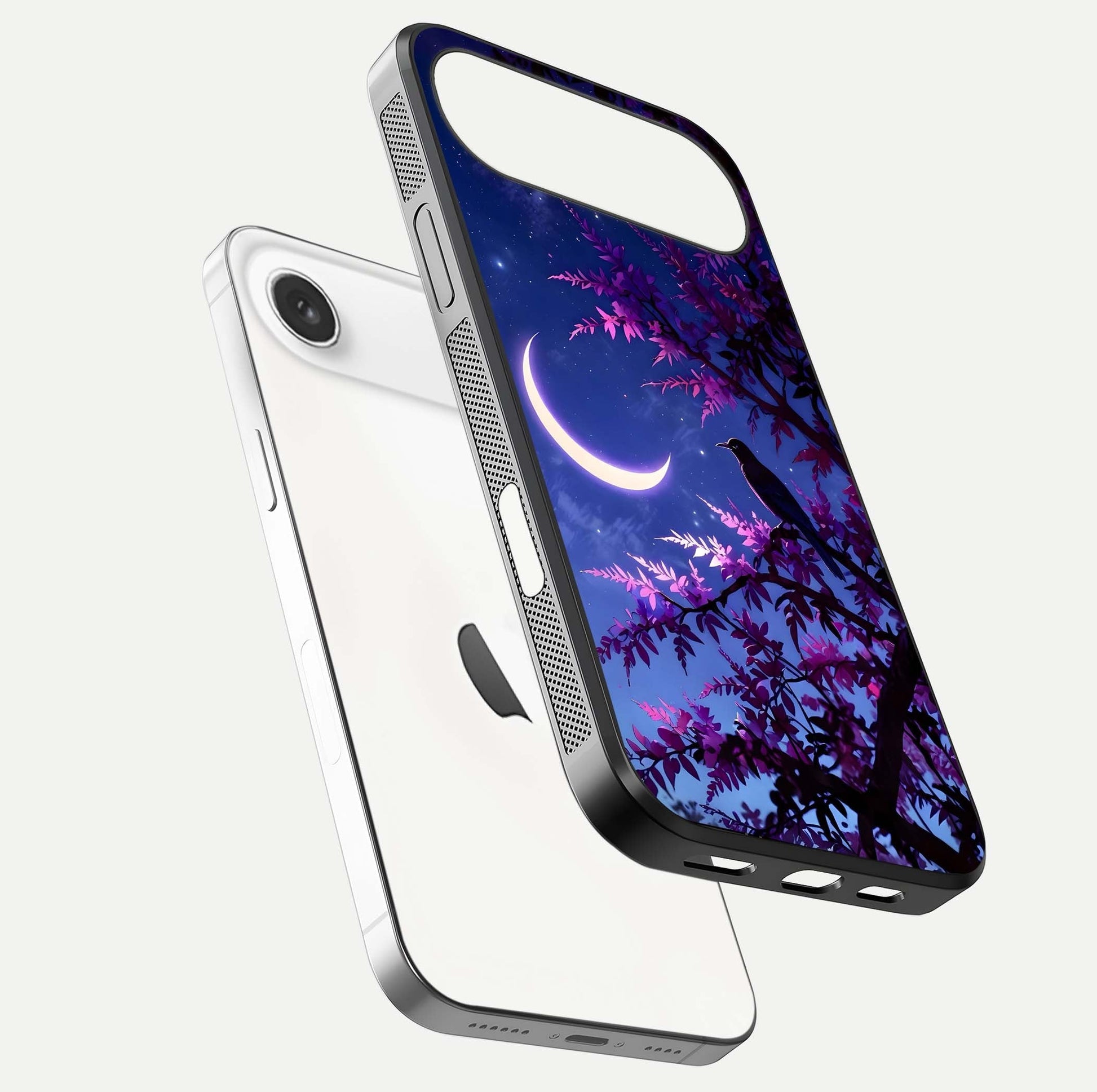 Crow & Moon Scenery Glass Case for iPhone Air  floating mockup showing HD gloss texture and soft moonlight glow